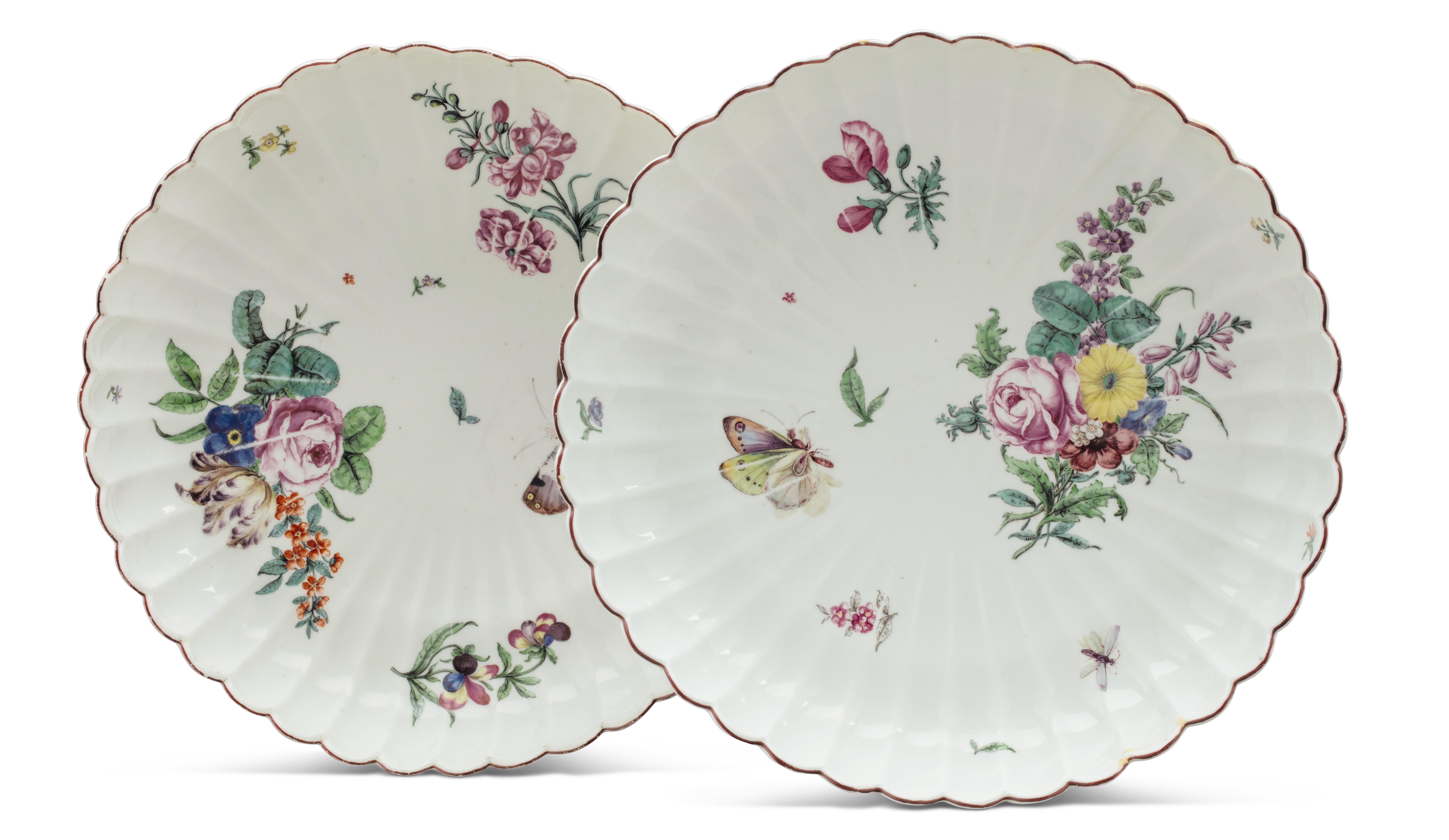 TWO CHELSEA PORCELAIN FLUTED SHALLOW BOWLS, CIRCA 1755, IRONRED ANCHOR