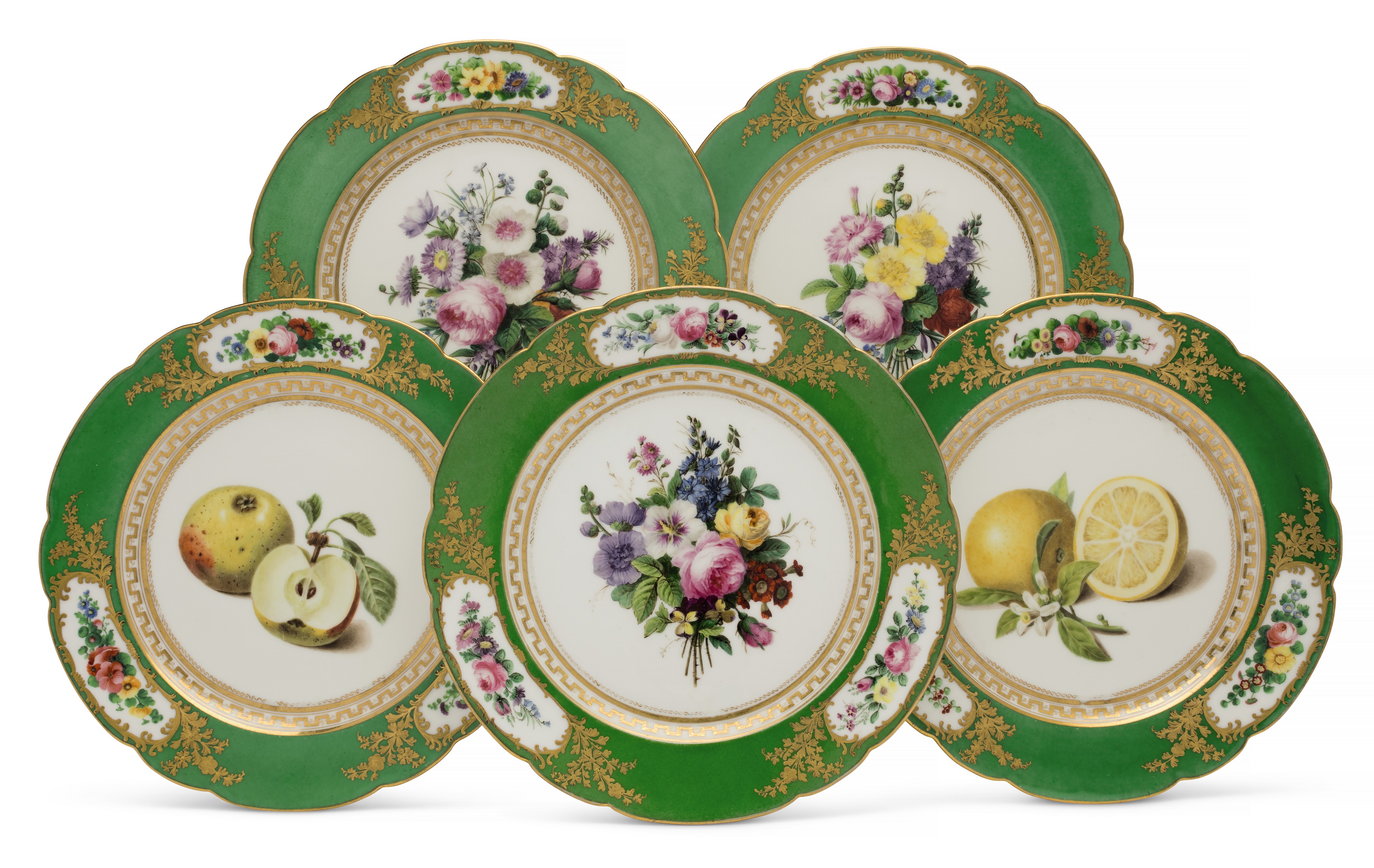 FIVE FEUILLET PORCELAIN GREEN-GROUND PLATES, CIRCA 1814-34, GILT SCRIPT ...