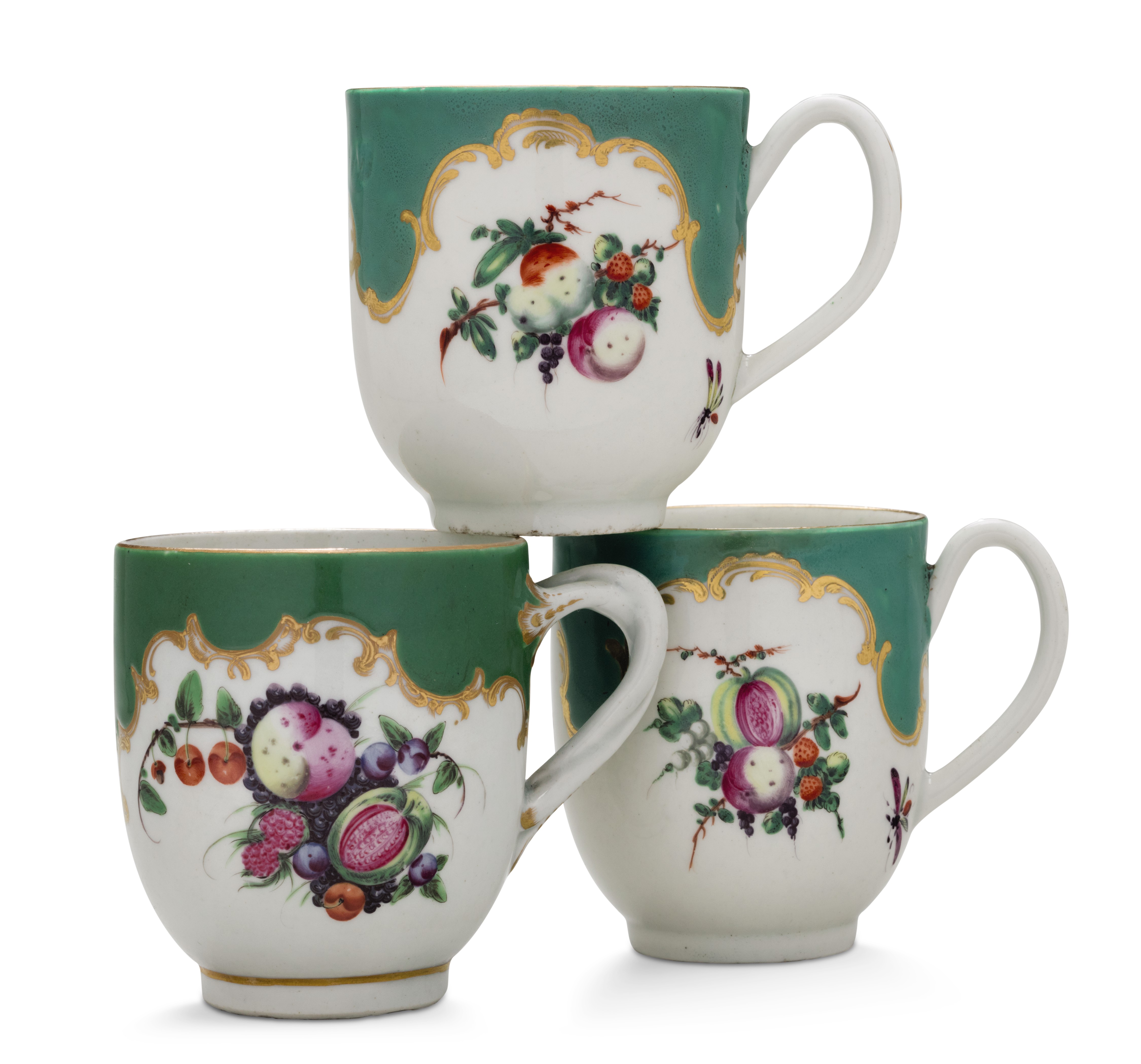 THREE WORCESTER PORCELAIN LATERDECORATED COFFEECUPS, THE PORCELAIN
