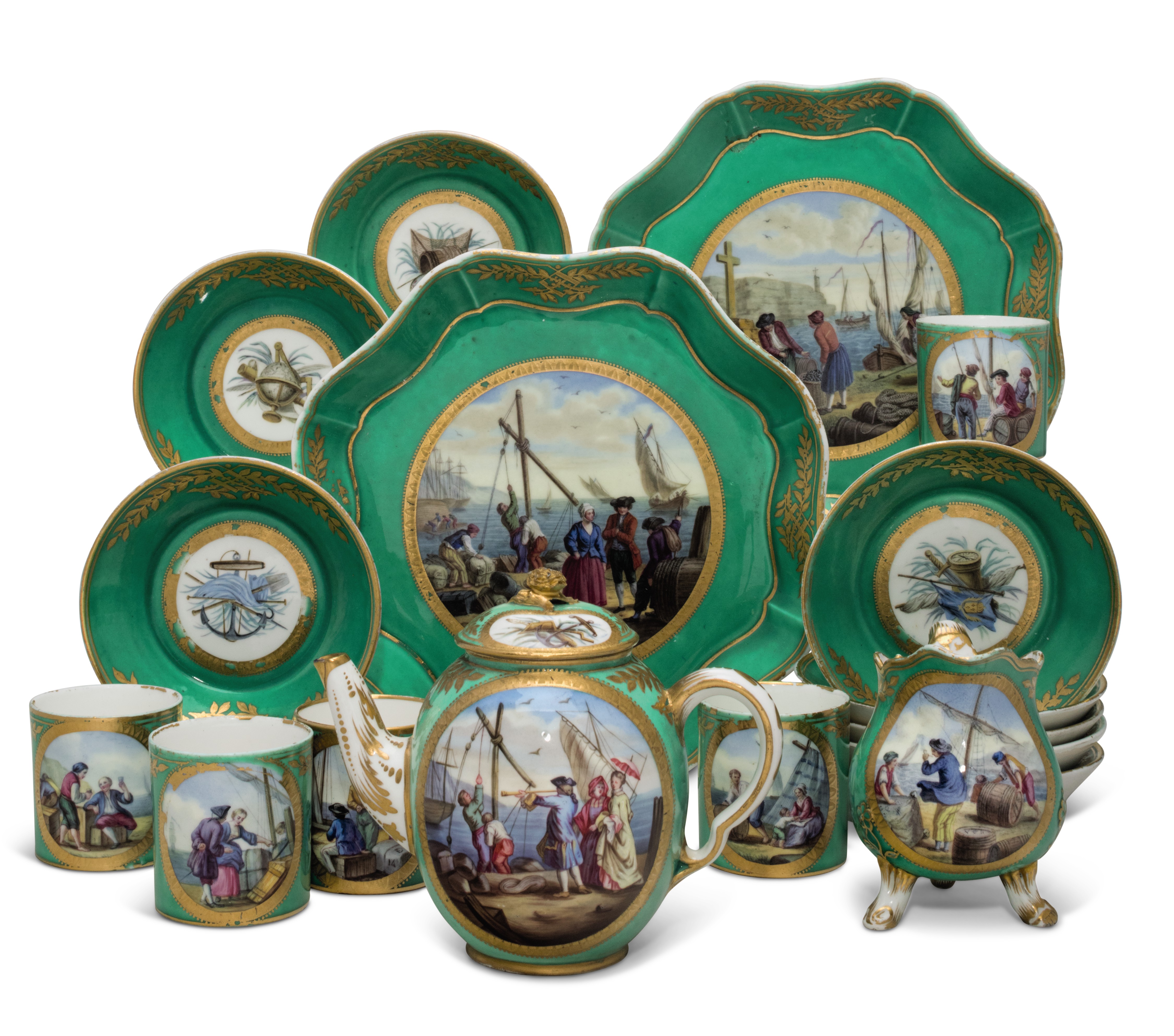 AN ASSEMBLED SEVRES PORCELAIN LATERDECORATED GREENGROUND PART TEA