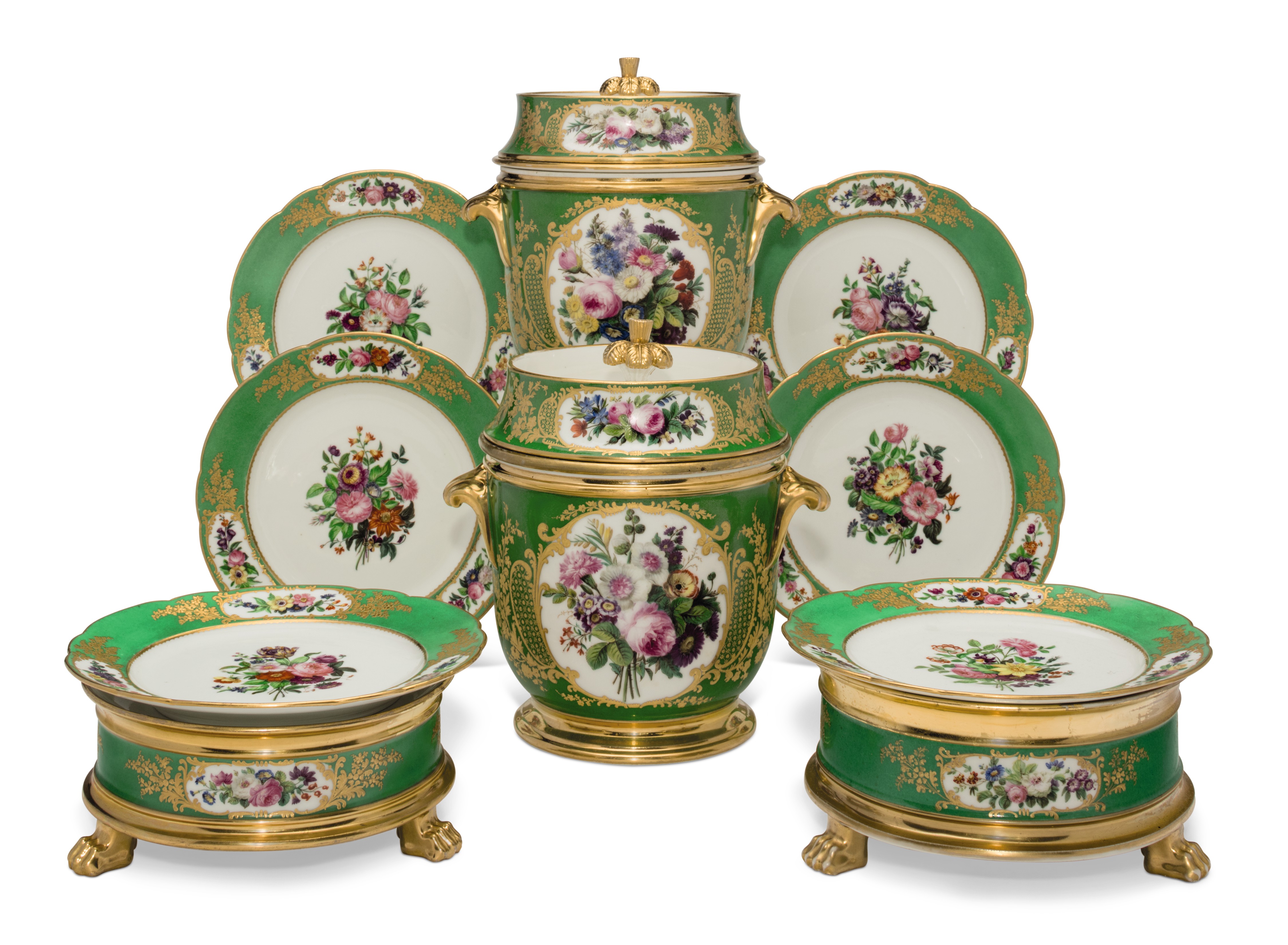 AN ASSEMBLED PARIS (FEUILLET) PORCELAIN GREEN-GROUND PART DESSERT