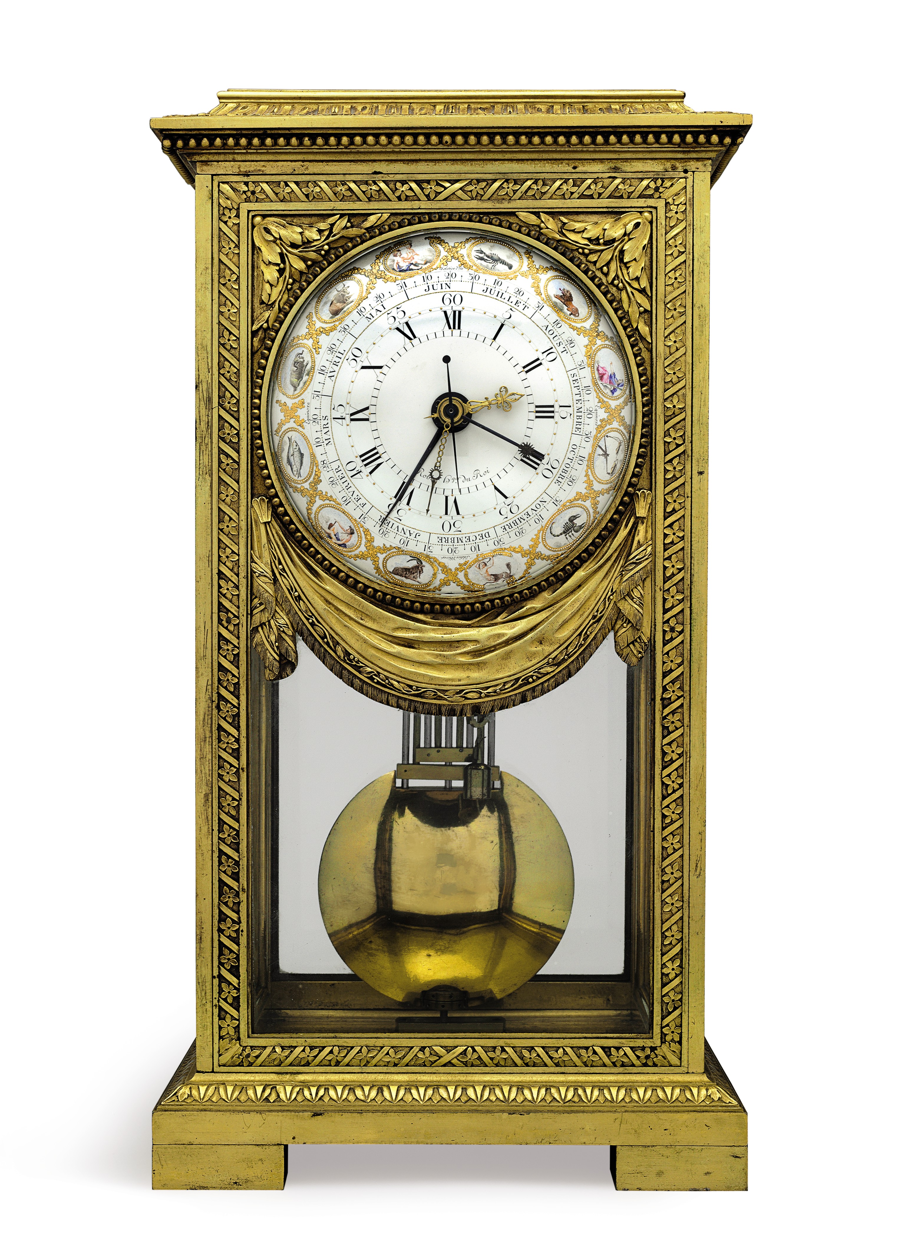 A Louis XVI ormolu table regulator with equation of time and remontoire, the clockmaker Robert Robin, horologer du roi, Paris, the enameller Joseph Coteau, the dial dated 1781. 16⅛ in (41 cm) high, 8⅝ in (21.9 cm) wide, 6&frac34; in (7.2 cm) deep. Sold for $200,000 on 20 April 2018 at Christie&rsquo;s in New York