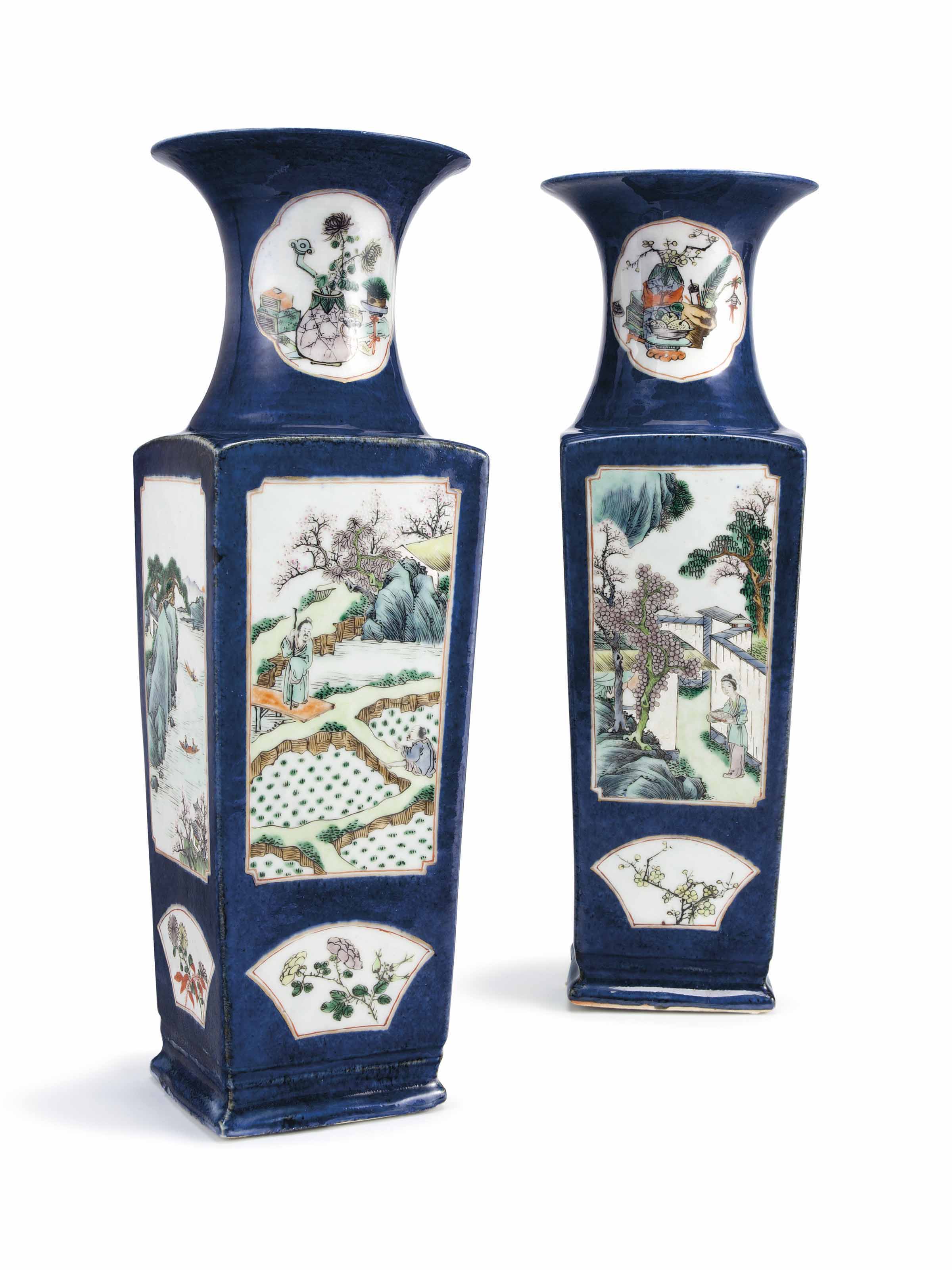 A Pair Of Chinese Export Famille Vert And Blue Ground Square Vases