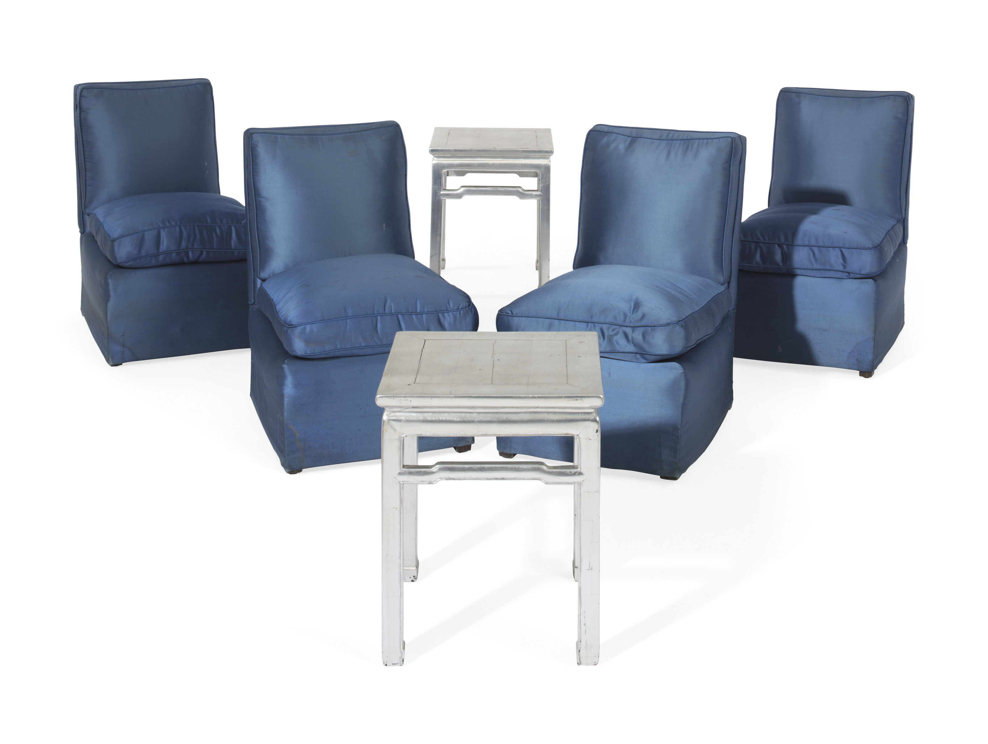 A SET OF FOUR BLUE SATIN UPHOLSTERED SLIPPER CHAIRS , MODERN | Christie's