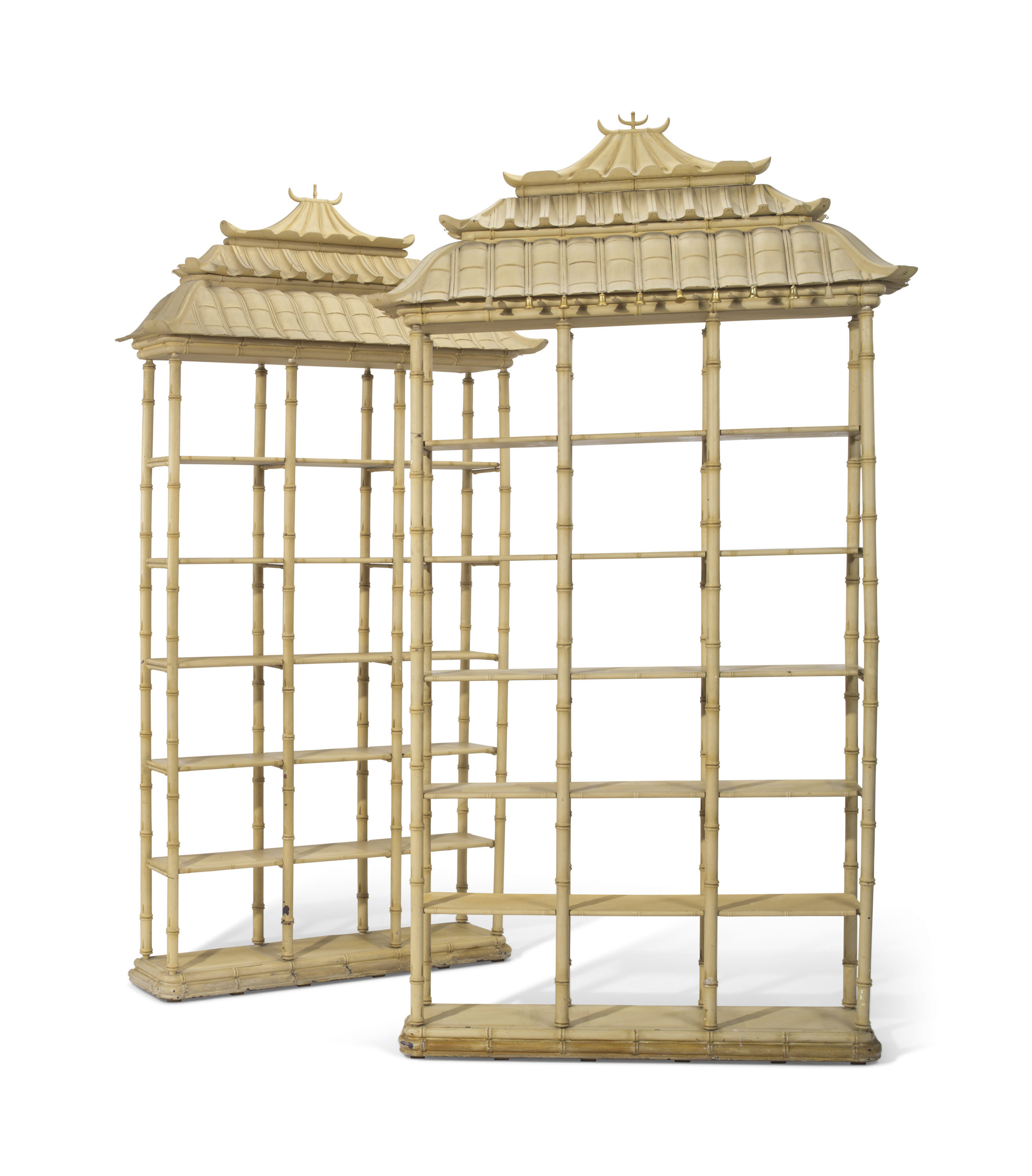 A Pair Of Cream Painted And Parcel Gilt Faux Bamboo Bookcases