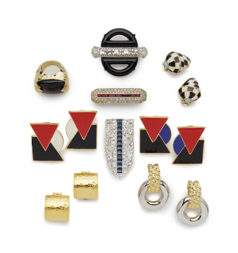 A group of Art Deco-style fashion jewellery. 2¼  in (5.7  cm) long, the largest brooch. Estimate $300-500. Offered in Interiors New York Visions on 6 June at Christie’s in New York