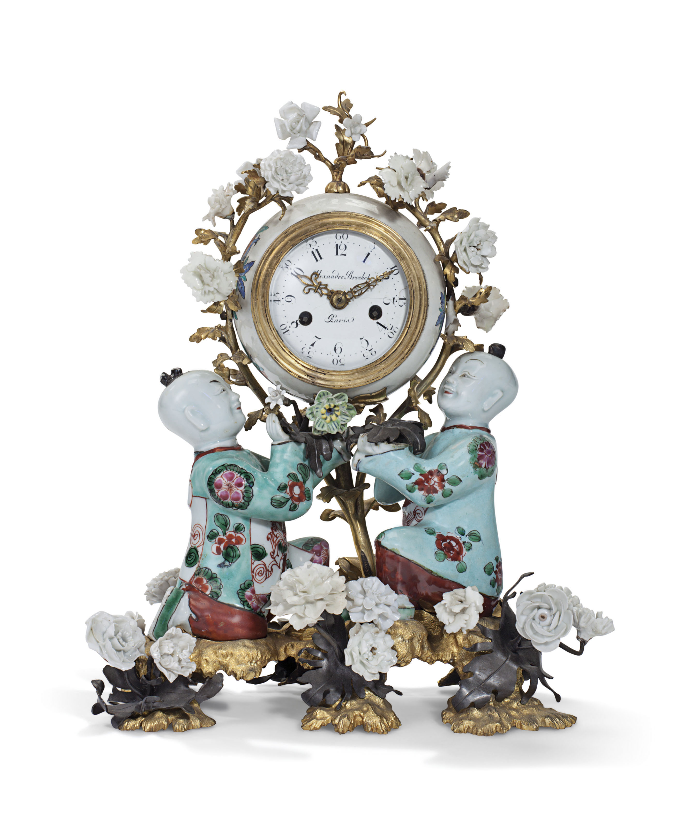 A Louis XV ormolu and patinated bronze-mounted Chinese and Chantilly porcelain mantel clock, circa 1745. Estimate: $40,000-60,000. Offered in A Love Affair with France: The Collection of Elizabeth Stafford on 1 November at Christie's in New York