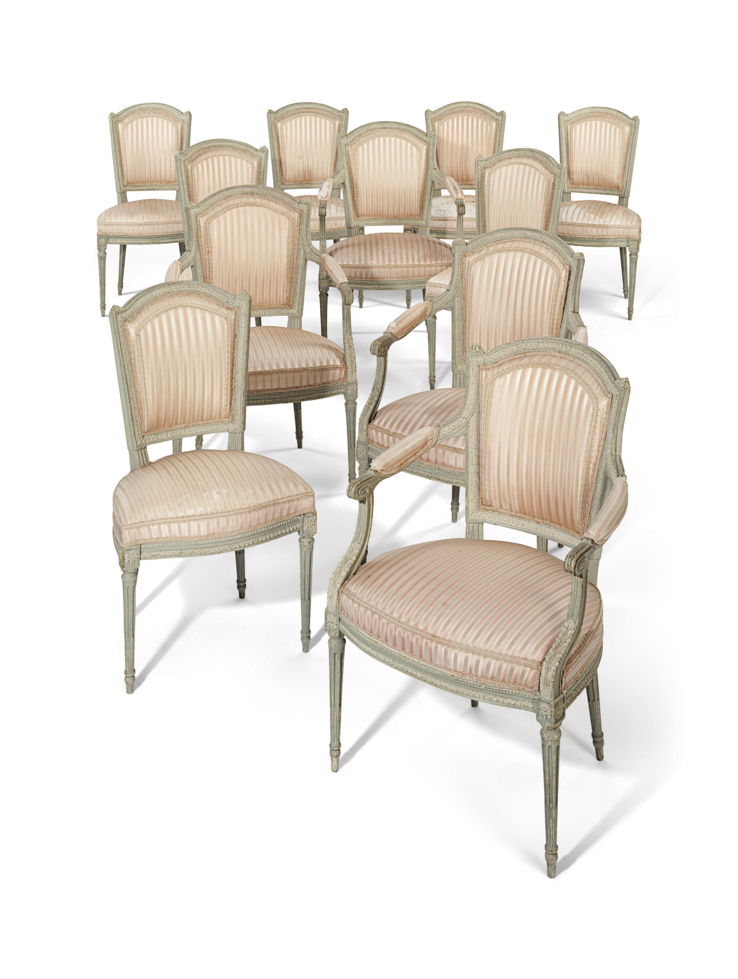 A set of 11 Louis XVI grey and white-painted dining chairs, circa 1780. Estimate: $6,000-10,000. Offered in A Love Affair with France: The Collection of Elizabeth Stafford on 1 November at Christie&rsquo;s in New York