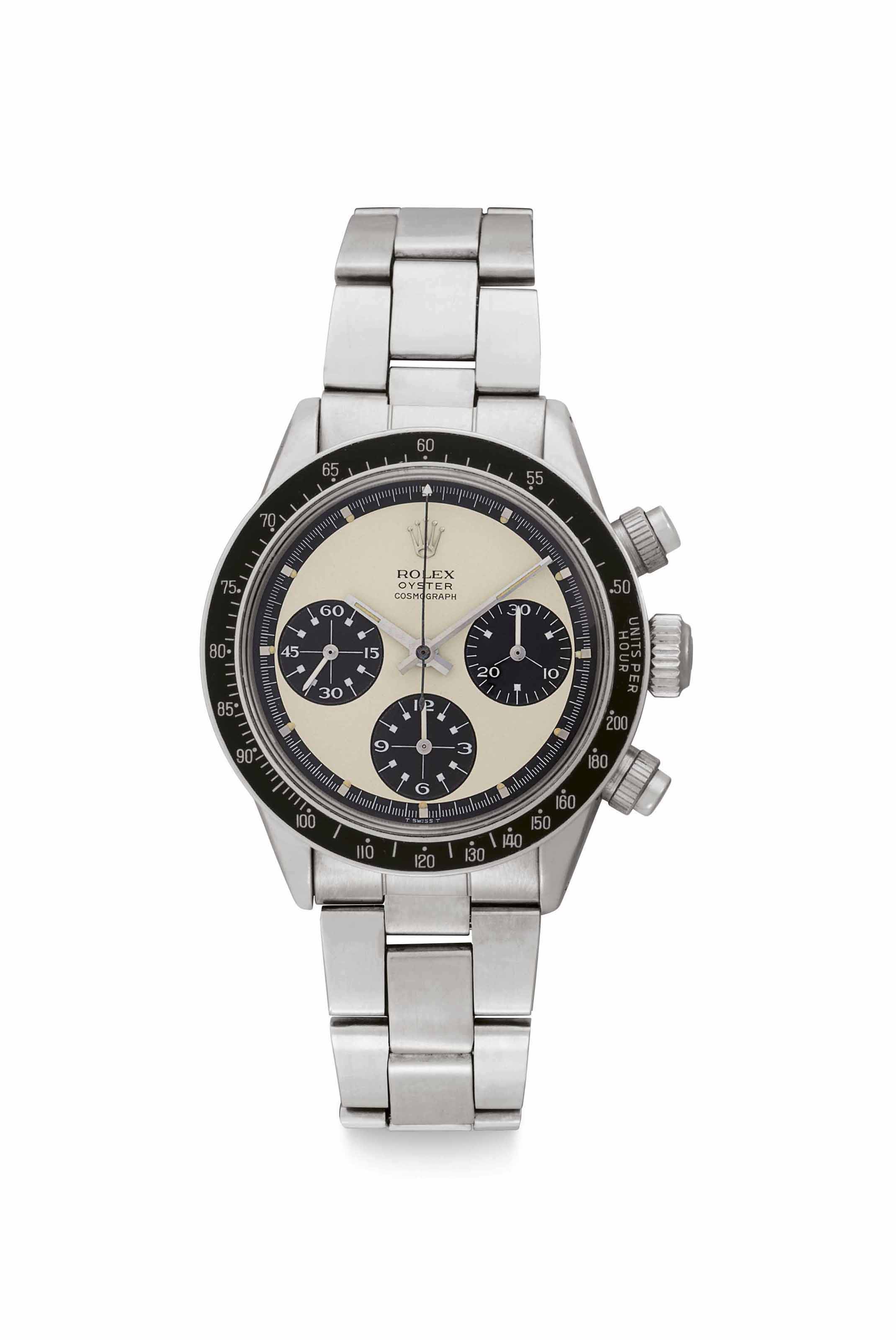 Rolex. A very rare and extremely attractive stainless steel chronograph wristwatch with Paul Newman Mark 1 panda dial and bracelet, signed Rolex, oyster cosmograph, "Paul Newman" model, ref. 6263, case no. 2&rsquo;197&rsquo;828, circa 1969. Sold for $732,500 on 13 June 2018 at Christie&rsquo;s in New York