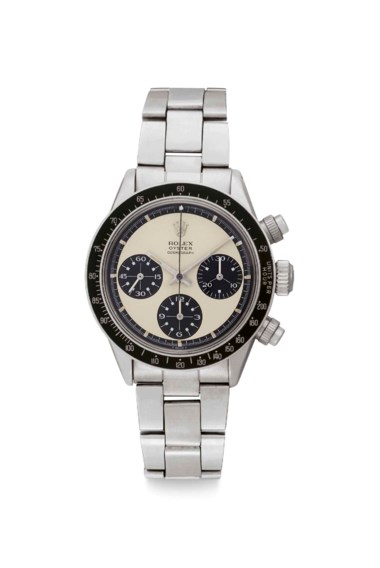 Rolex. A very rare and extremely attractive stainless steel chronograph wristwatch with Paul Newman Mark 1 panda dial and bracelet, signed Rolex, oyster cosmograph, Paul Newman model, ref. 6263, case no. 2’197’828, circa 1969. Sold for $732,500 on 13 June 2018 at Christie’s in New York