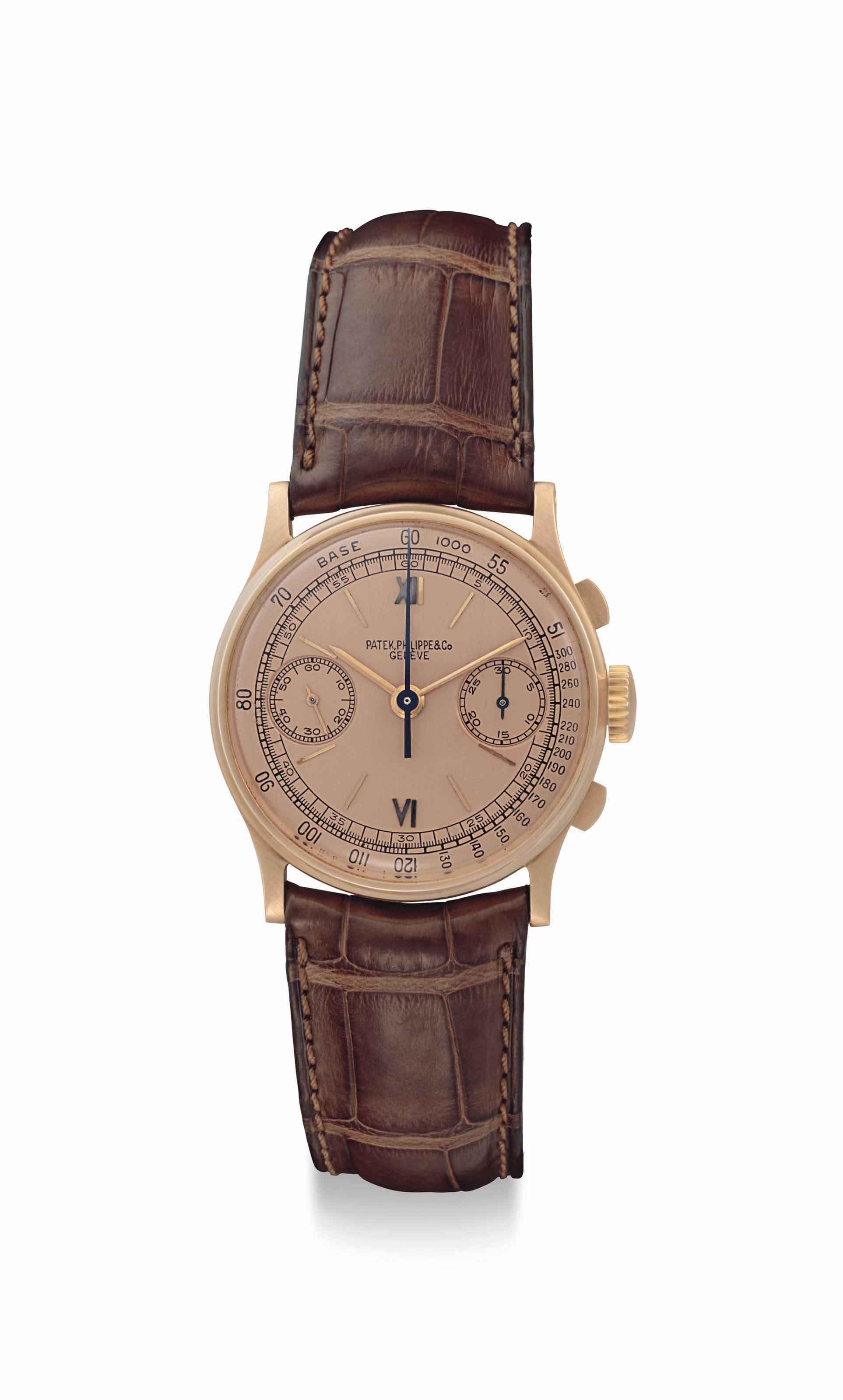 Patek Philippe. A very fine and rare 18k pink gold chronograph wristwatch with pink dial, signed Patek Philippe &amp; Co, Gen&egrave;ve, ref 130, movement no. 863'208, case no. 632'841, manufactured in 1943. Sold for $81,250 on 13 June 2018 at Christie&rsquo;s in New York