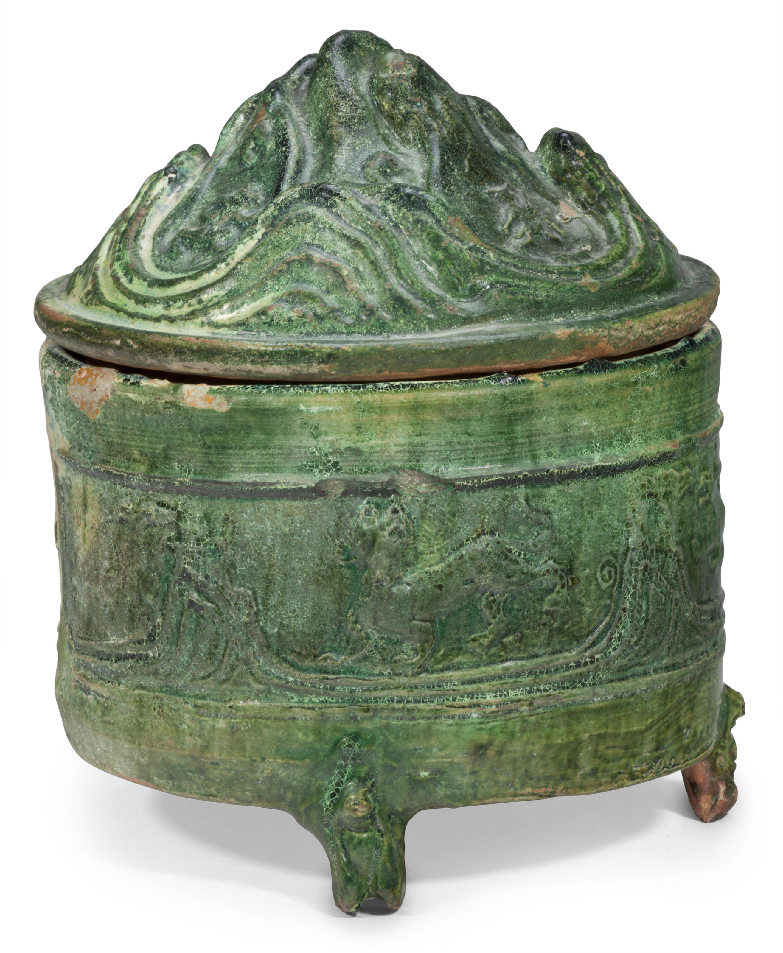 A GREEN-GLAZED POTTERY CYLINDRICAL 'HILL' JAR AND A COVER, HAN