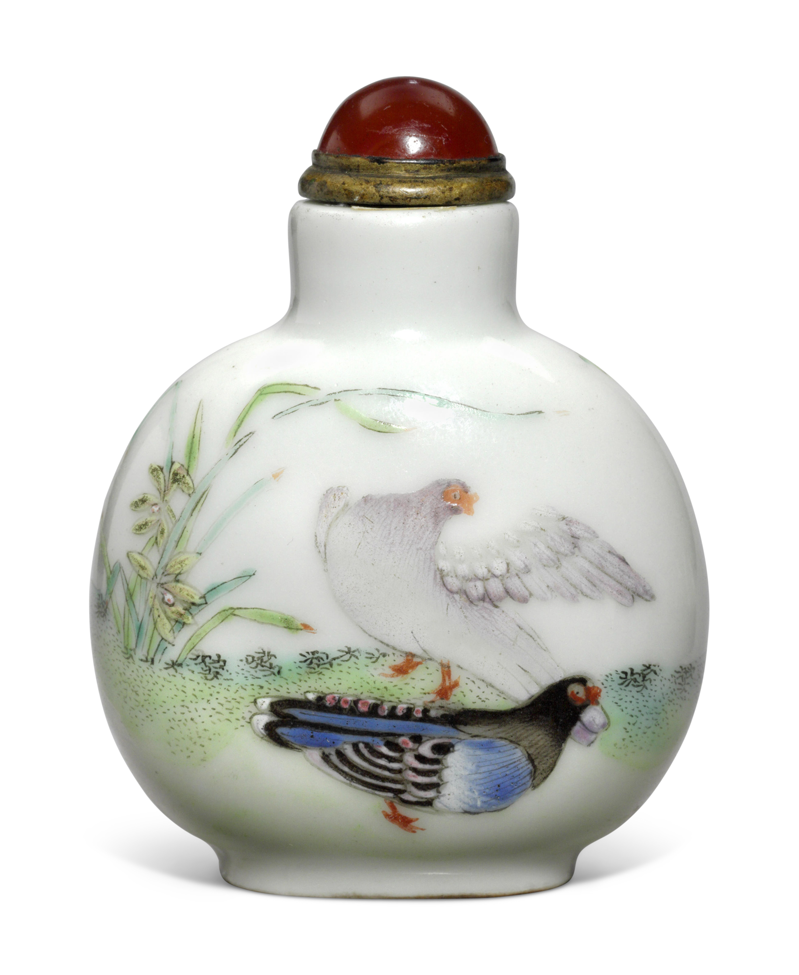 【メーカー包装済】 清道光瓷胎粉彩花鳥圖鼻煙壺礬紅四字篆書款, JINGDEZHEN KILNS 彫刻/オブジェ