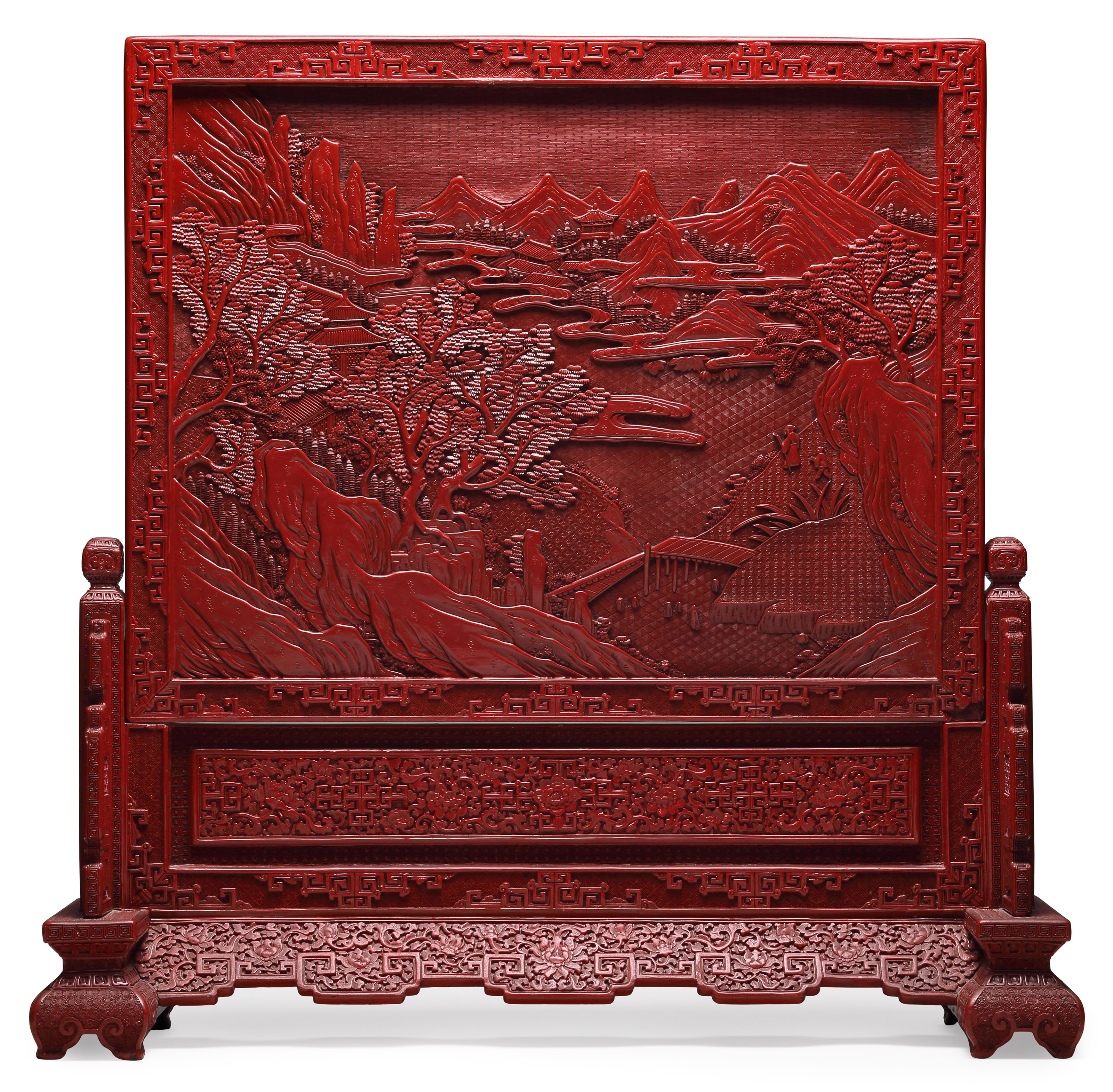 掛軸　時代物　清供図 清十九世纪剔红山水图大插屏, 19TH CENTURY | Christie's