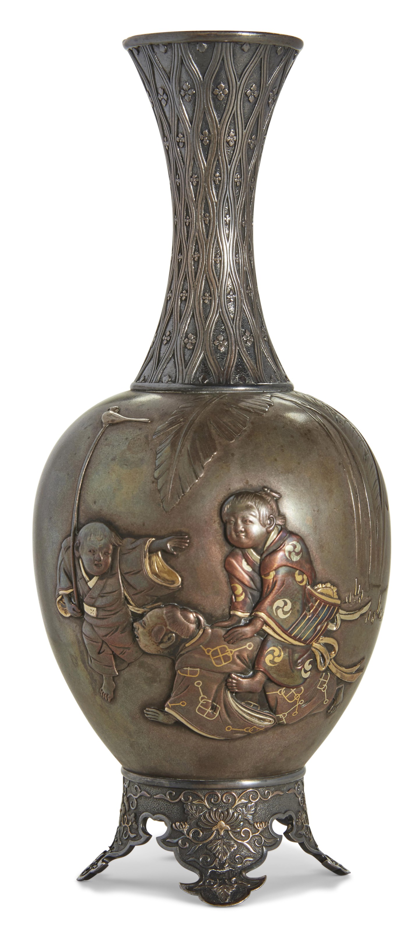 A MIXED METAL  INLAID SILVER VASE  SEALED OZEKI SEI MADE 