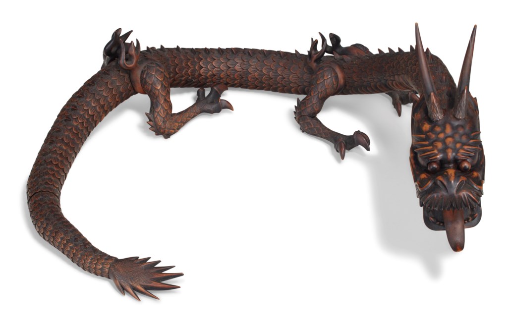 A CARVED WOOD ARTICULATED SCULPTURE OF A DRAGON, MEIJI PERIOD (LATE