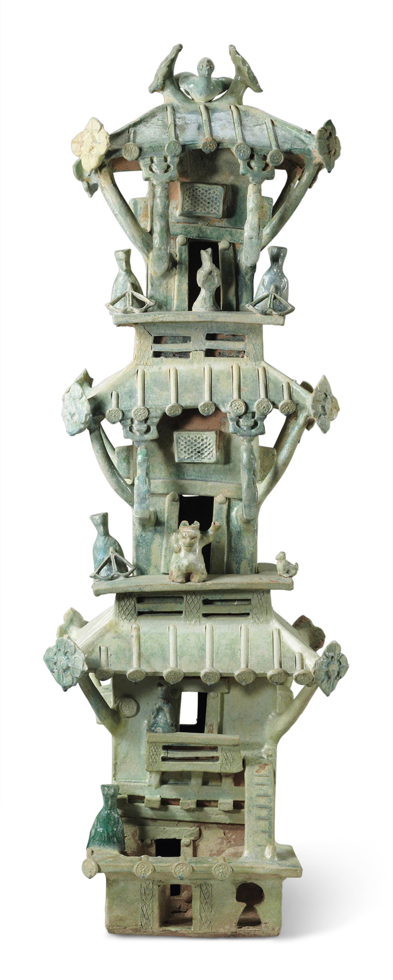 A LARGE GREENGLAZED POTTERY MODEL OF A TOWER, HAN DYNASTY (206 BCAD