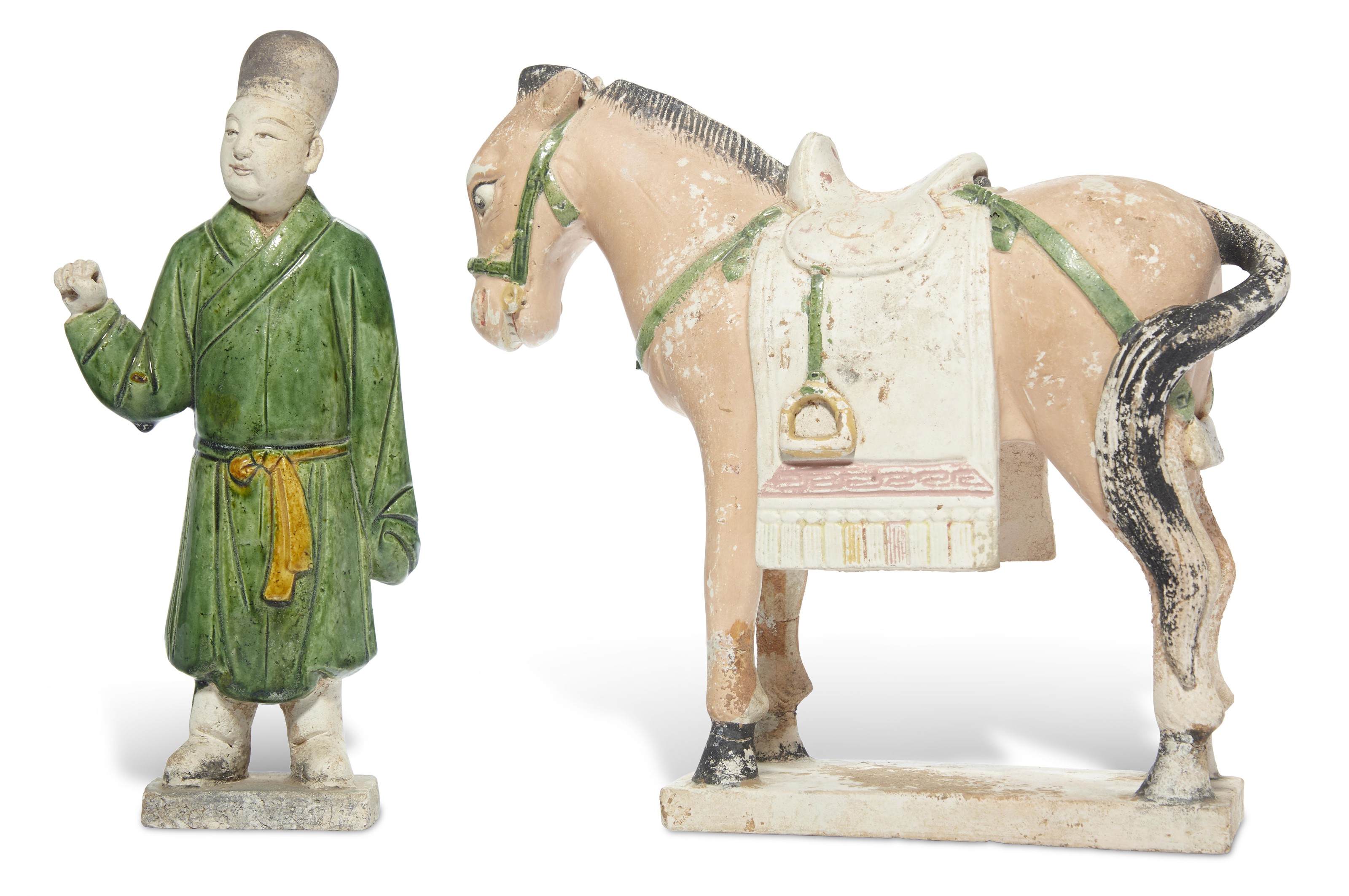 A GLAZED POTTERY GROOM AND A HORSE, MING DYNASTY (1368-1644