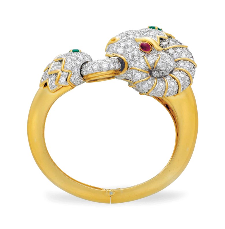 A diamond and multi-gem ram bangle bracelet, by David Webb, accompanied by a certificate of authenticity from David Webb dated 21 November 2017. Estimate $40,000-60,000. This lot is offered in Magnificent Jewels on 17 April at Christie’s in New York
