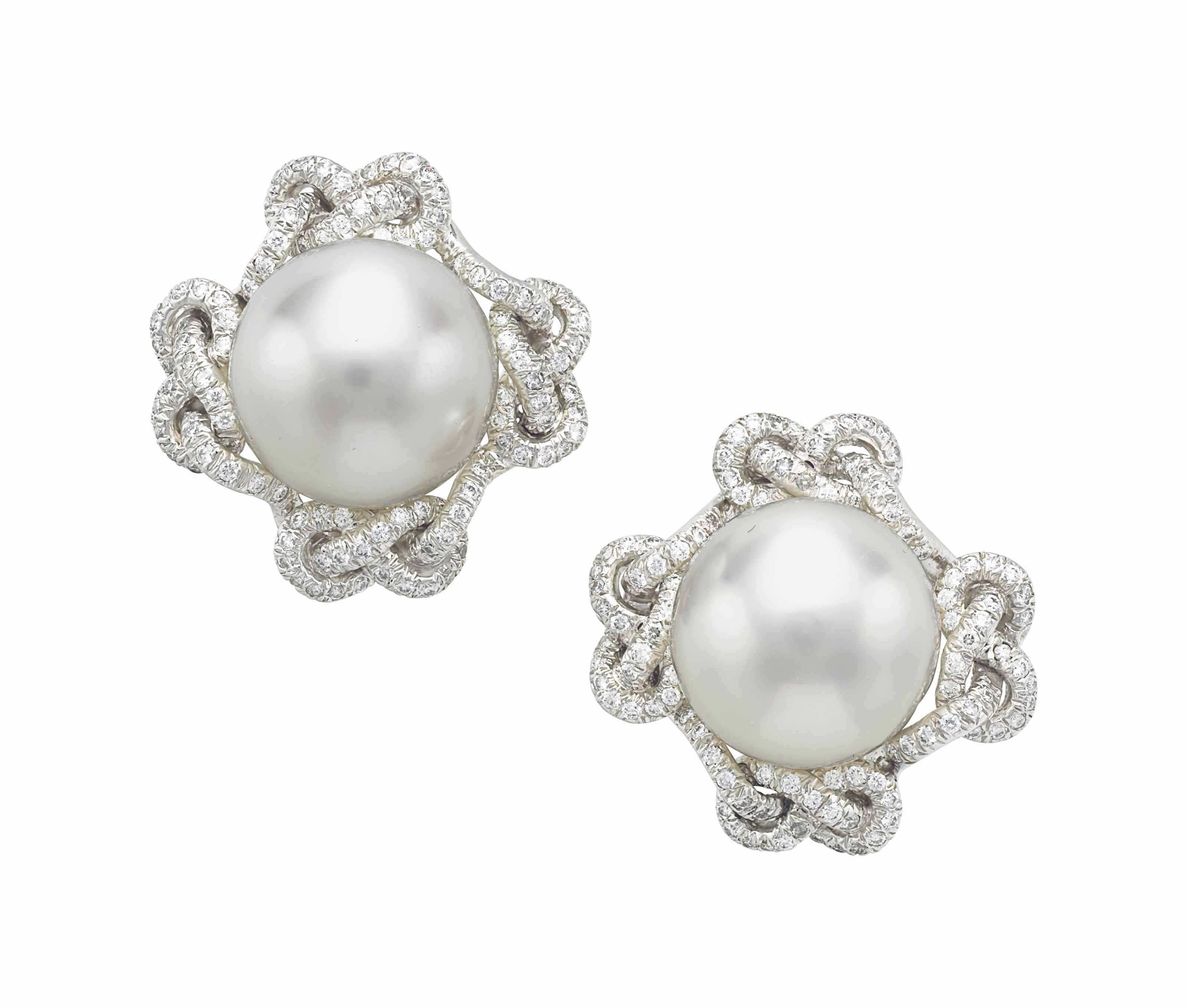 A PAIR OF CULTURED PEARL AND DIAMOND 'LOVE KNOT' EARRINGS, BY VERDURA