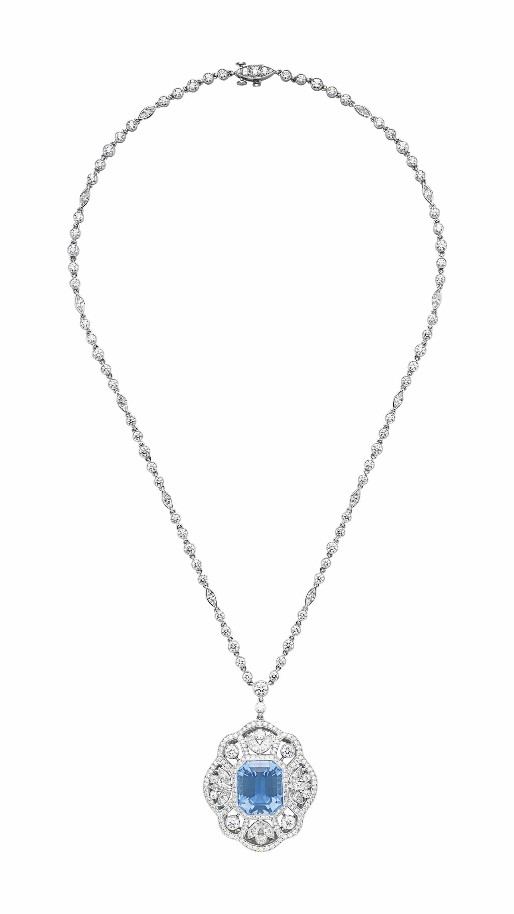 An Aquamarine And Diamond Pendant Necklace By Tiffany Co