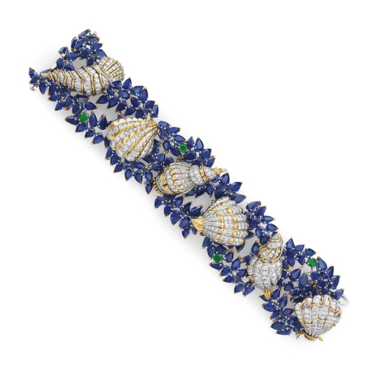 A sapphire, diamond and emerald ‘Sea Shells’ bracelet, by Jean Schlumberger, Tiffany & Co. Sold for $250,000 on 12 June 2018 at Christie’s in New York