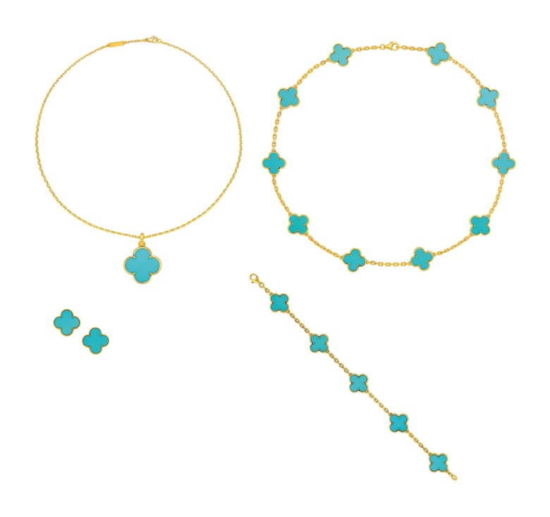 Group of turquoise Alhambra jewellery, by Van Cleef & Arpels. Sold for $47,500 on 5 December 2018 at Christie’s in New York