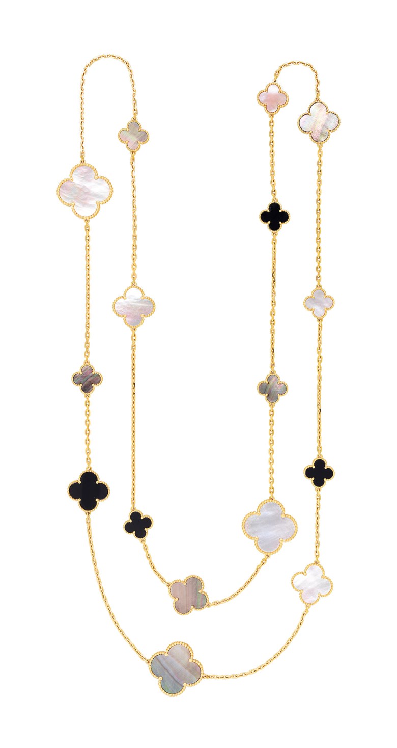 Mother-of-pearl and onyx Magic Alhambra long chain necklace, by Van Cleef & Arpels. Sold for $22,500 on 5 December 2018 at Christie’s in New York