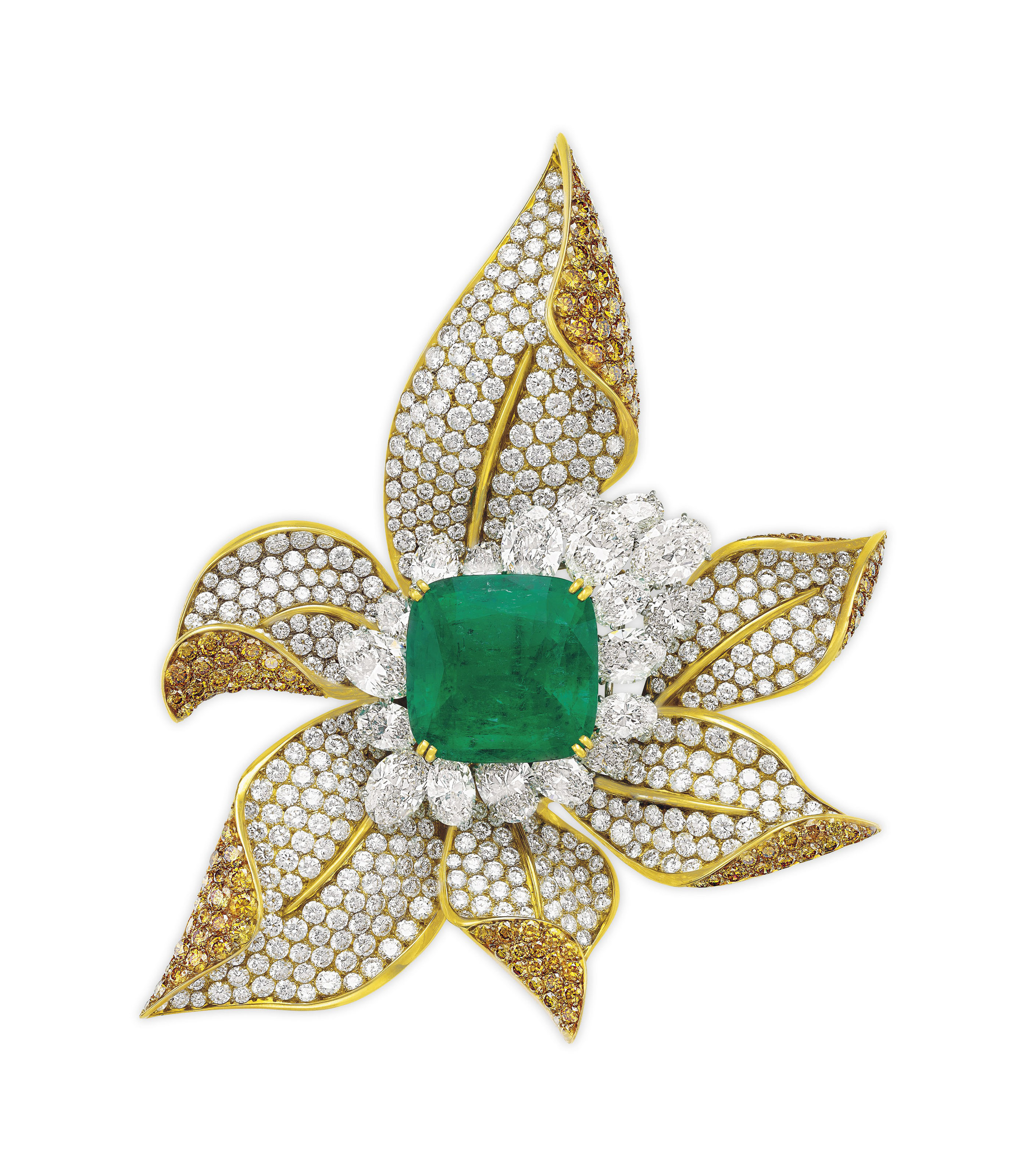 IMPRESSIVE EMERALD, DIAMOND AND COLORED DIAMOND BROOCH, FRED