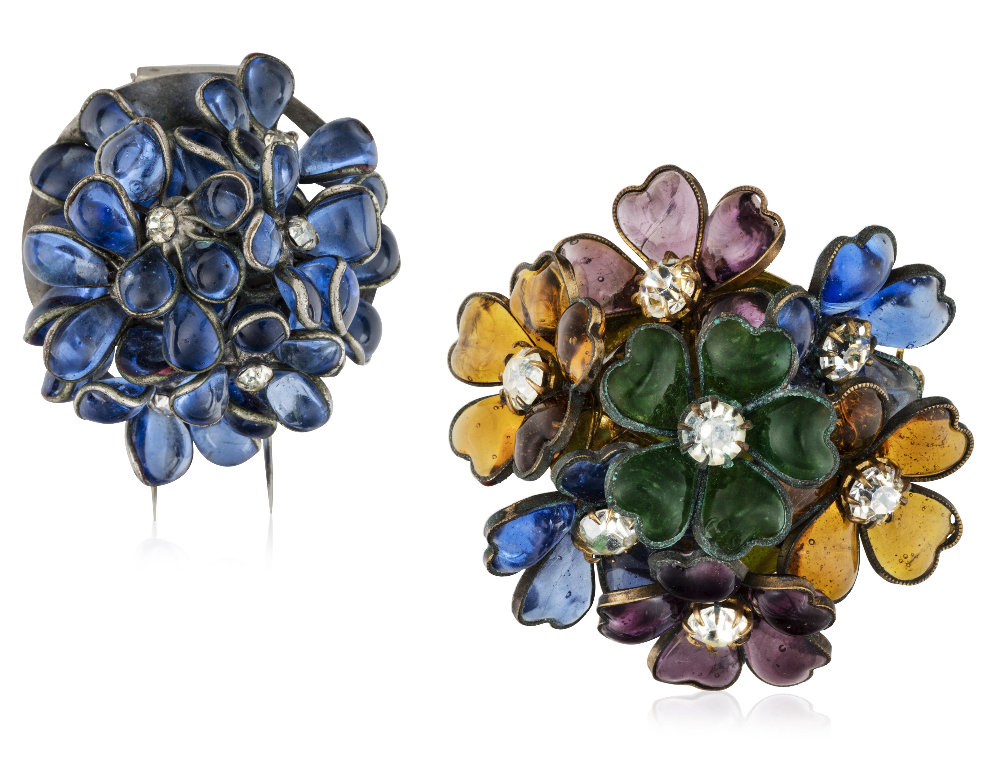 Catalog image of TWO FRENCH POURED GLASS AND RHINESTONE BROOCHES