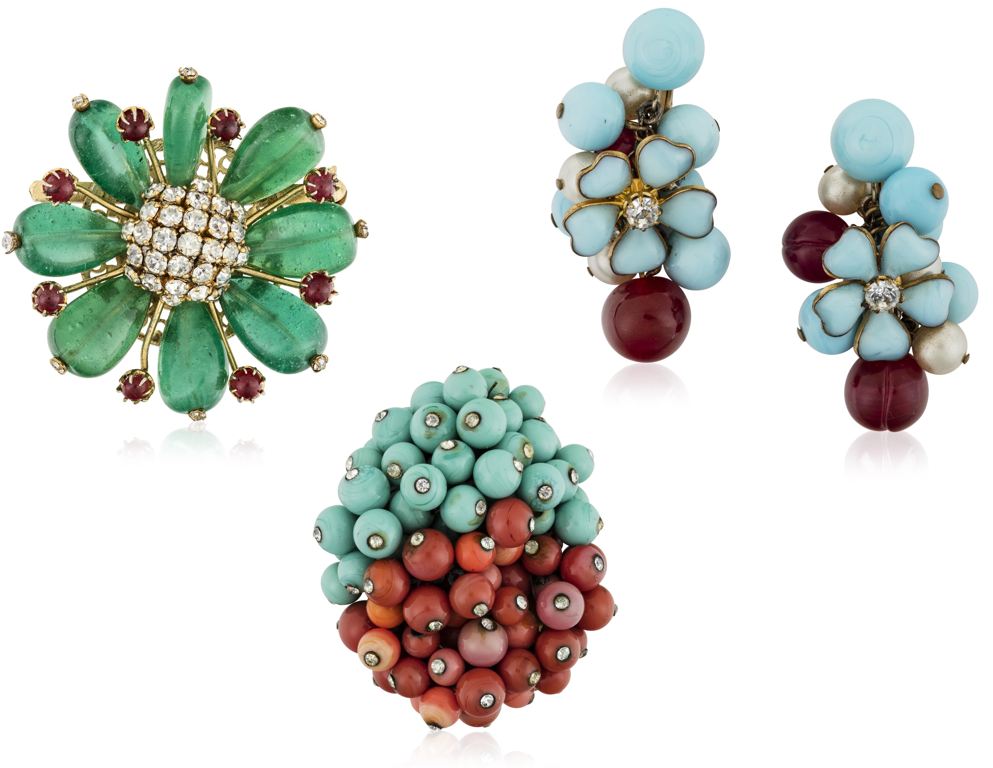 PAIR OF POURED GLASS EARRINGS AND TWO FRENCH GLASS AND RHINESTONE