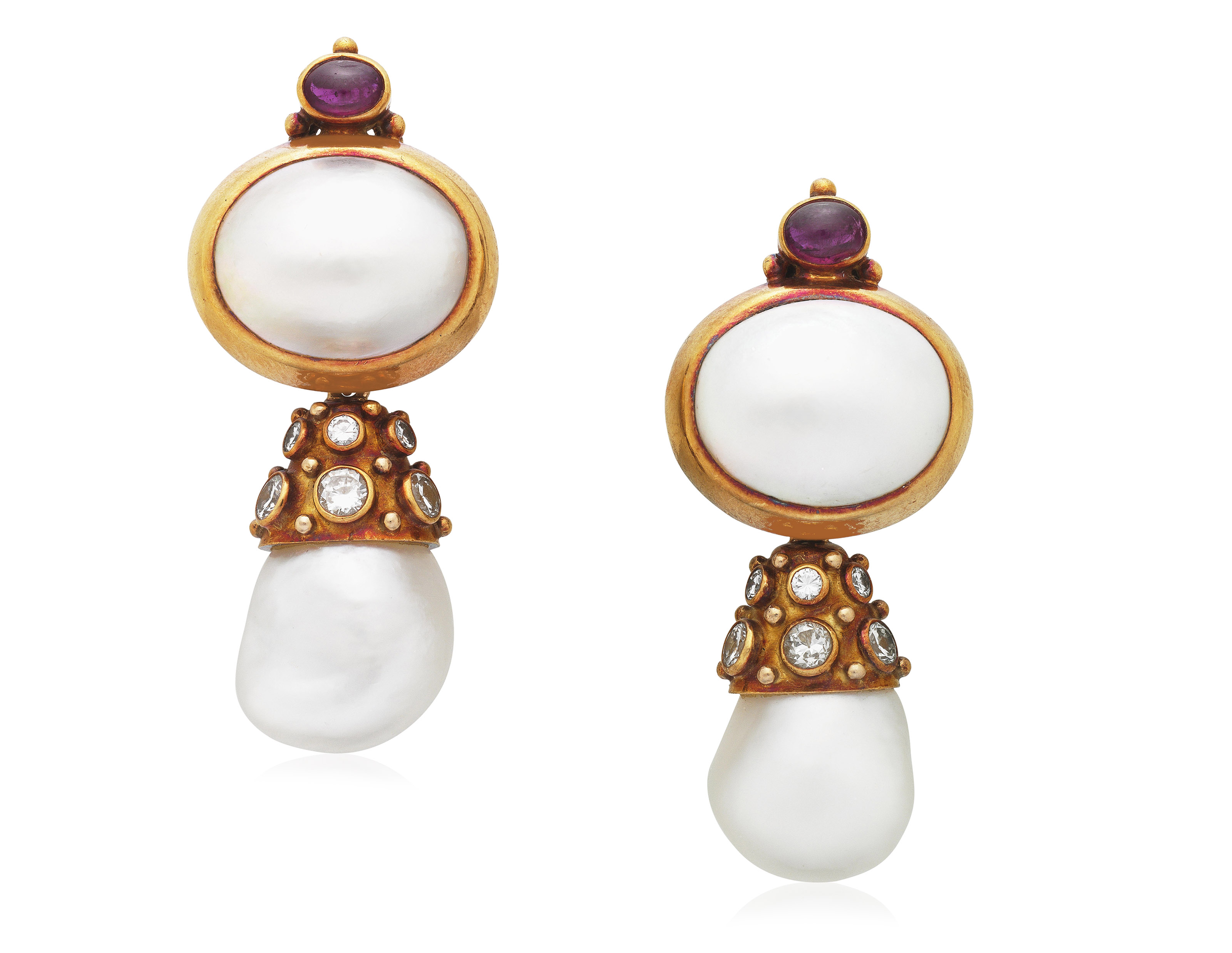 ELIZABETH GAGE CULTURED PEARL, DIAMOND AND TOURMALINE EARRINGS