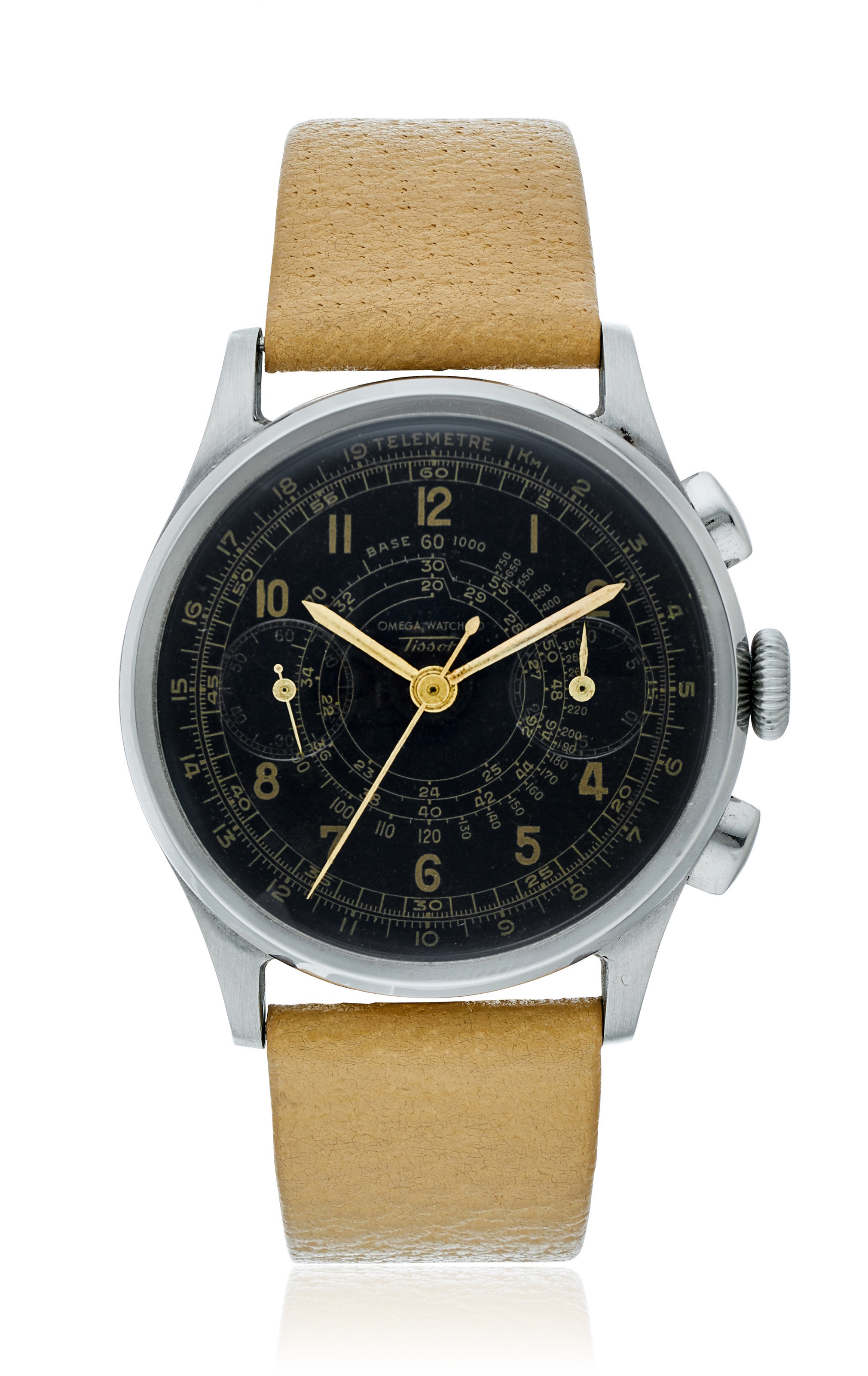 OMEGA/TISSOT, STEEL CHRONOGRAPH WITH BLACK GILT DIAL, Christie's