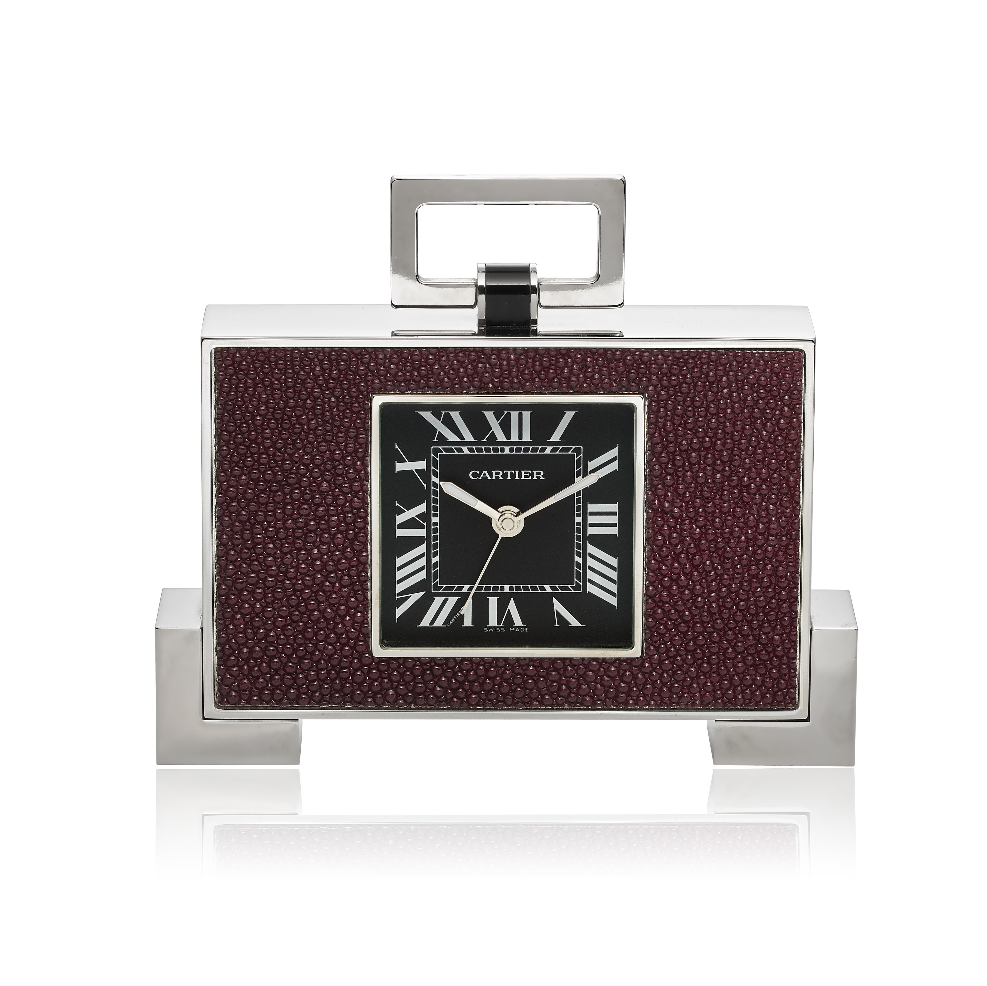 CARTIER, STEEL AND LEATHER ALARM CLOCK, REF. 2749, | Christie's
