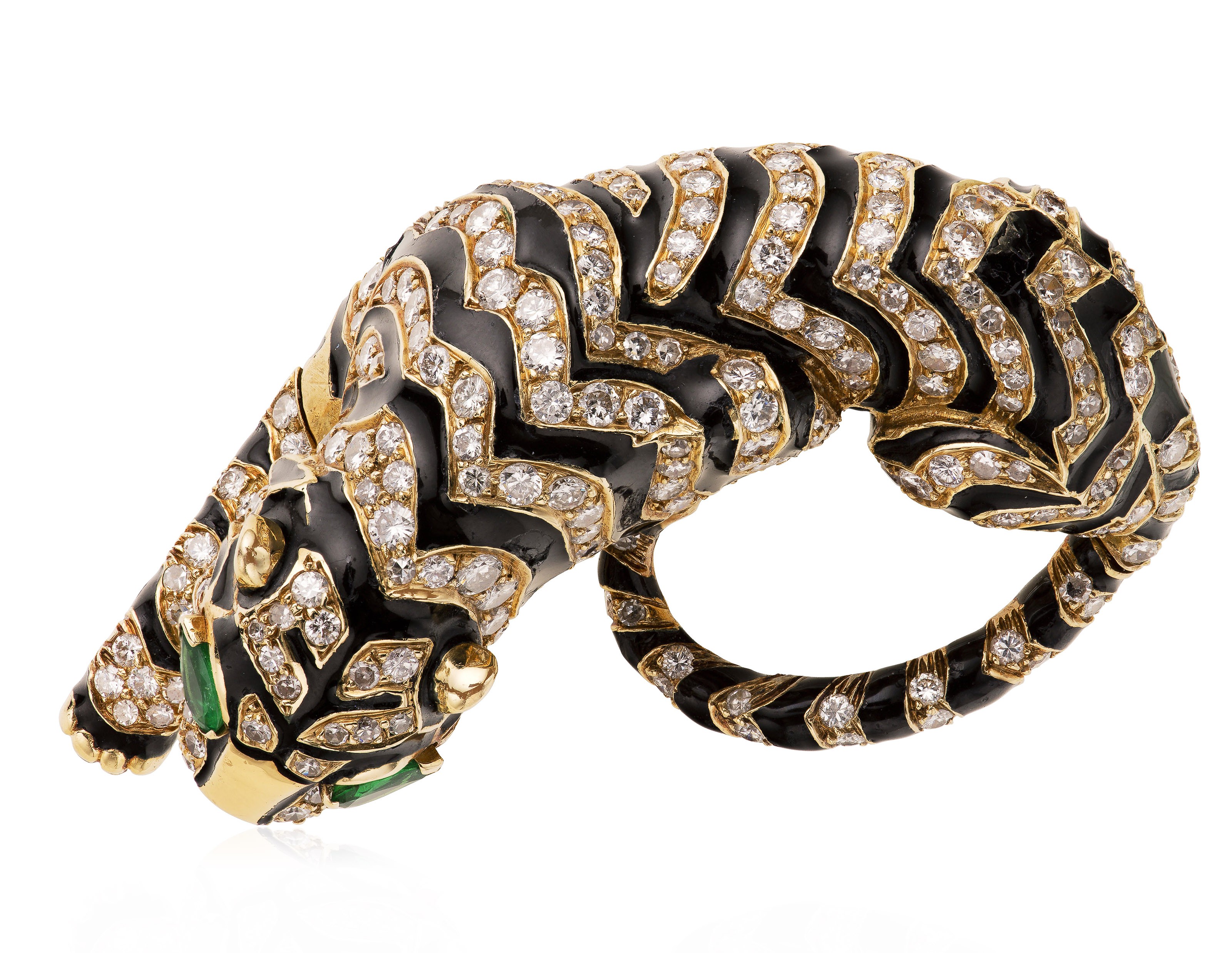 Catalog image of DAVID WEBB DIAMOND, EMERALD AND ENAMEL TIGER BROOCH