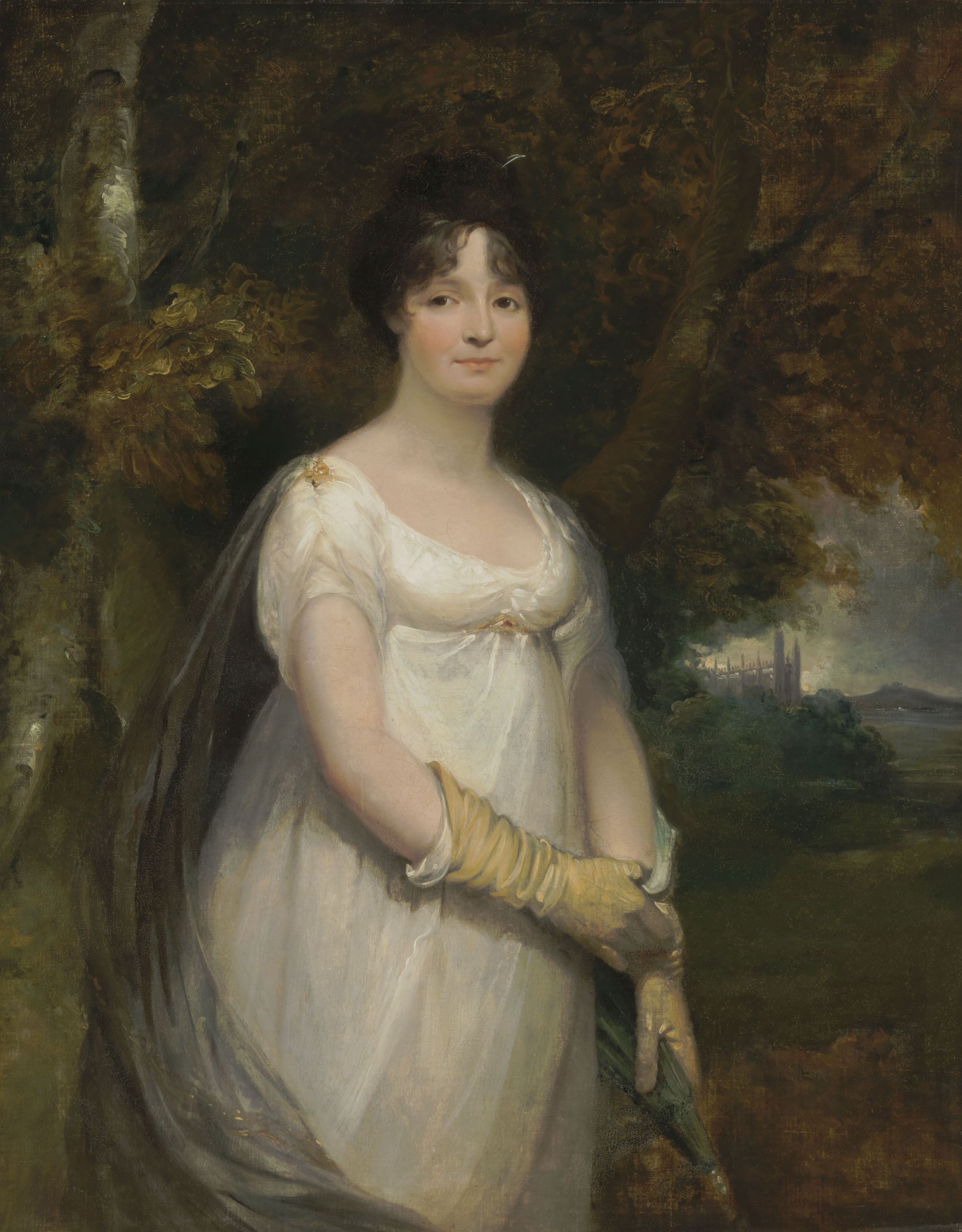 Portrait of a lady, three-quarter-length, in a white gown and gloves, a landscape beyond