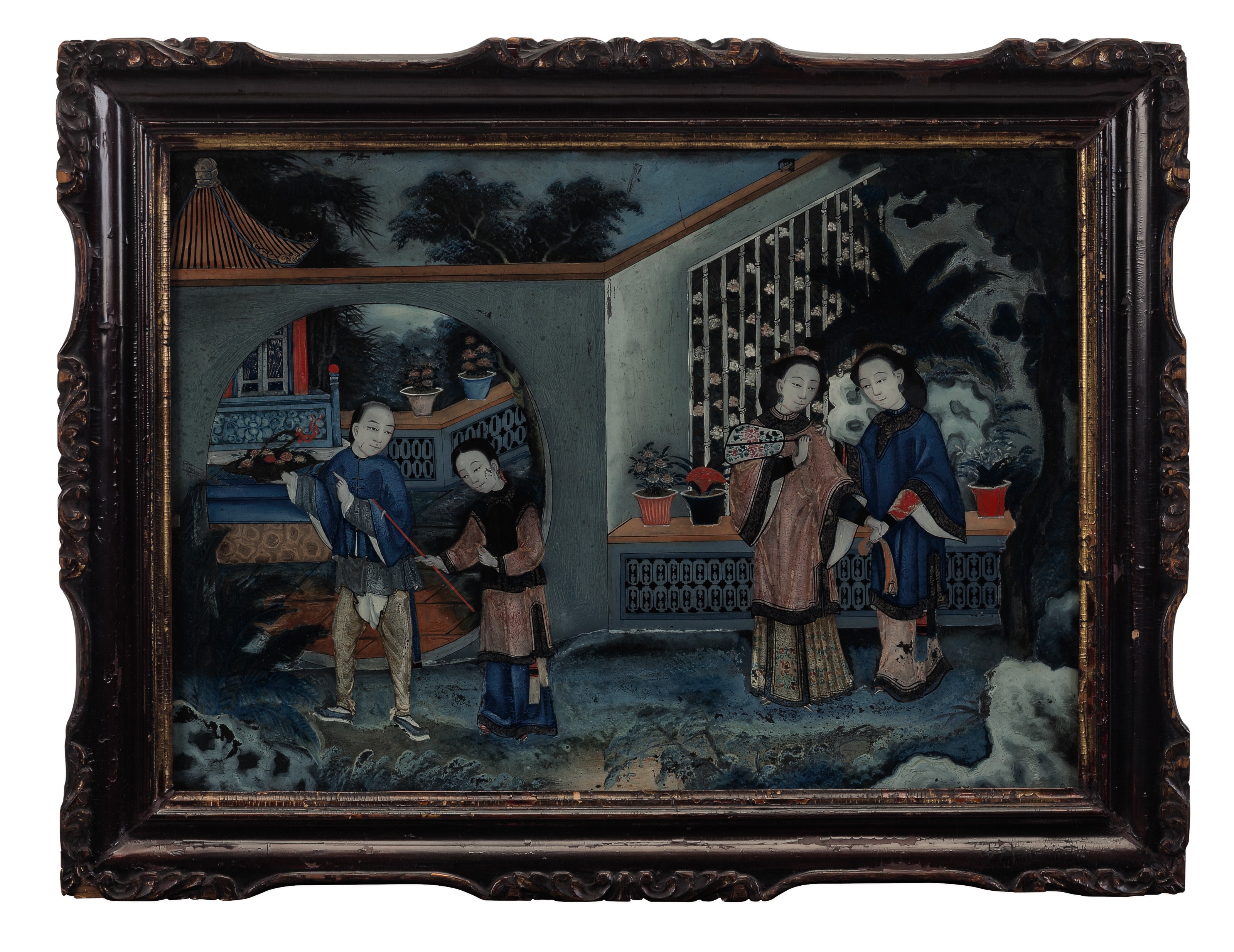 A Pair Of Chinese Reverse Painted Glass Panels 19th Century