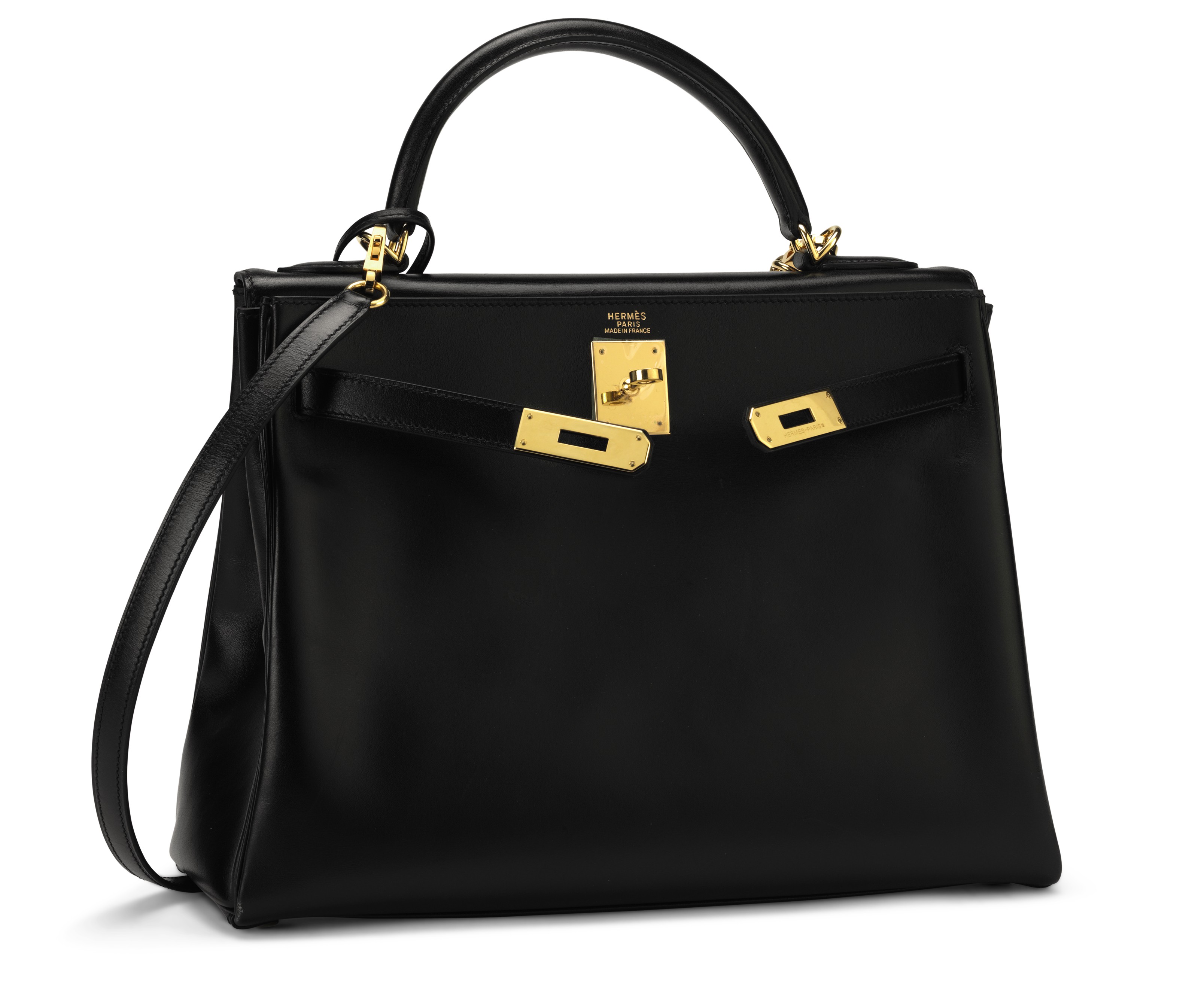 A BLACK CALF BOX LEATHER RETOURNÉ KELLY 32 WITH GOLD HARDWARE