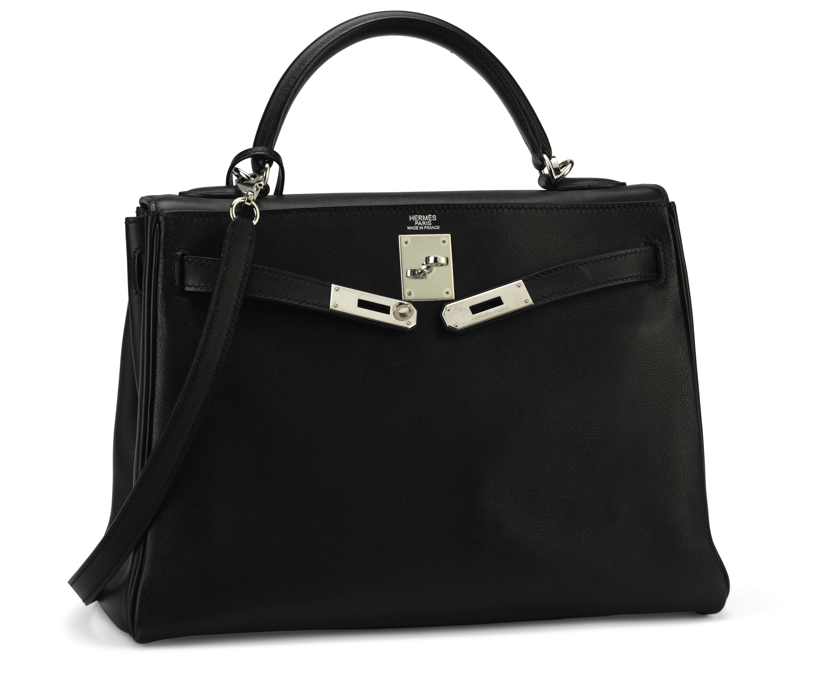 A BLACK EVERGRAIN LEATHER RETOURNÉ KELLY 32 WITH PALLADIUM