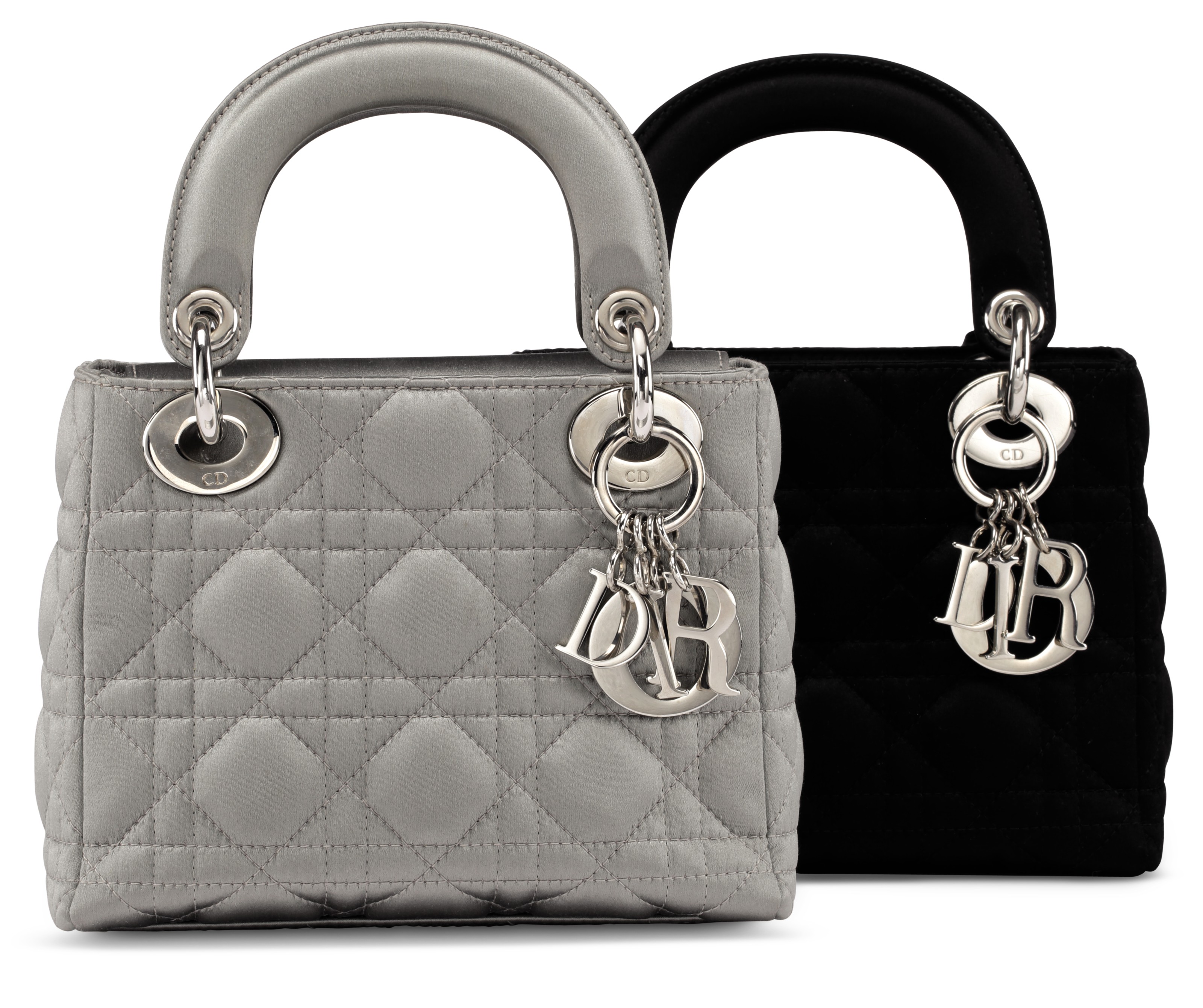 A SET OF TWO:A BLACK SATIN CANNAGE MINI LADY DIOR BAG WITH SILVER HARDWAREA  SILVER SATIN CANNAGE MINI LADY DIOR BAG WITH SILVER HARDWARE, CHRISTIAN DIOR,  2000's