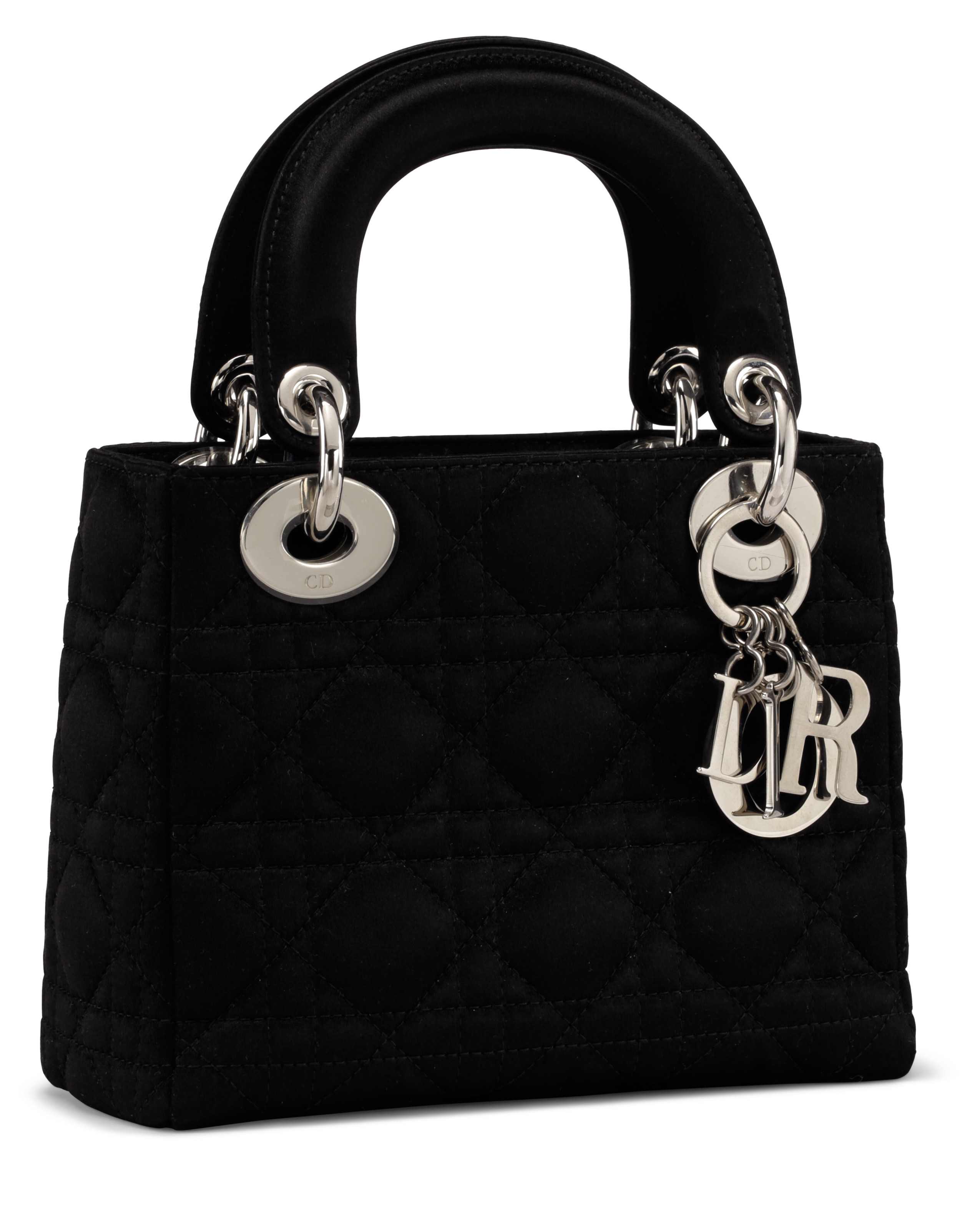 A SET OF TWO A BLACK SATIN CANNAGE MINI LADY DIOR BAG WITH SILVER