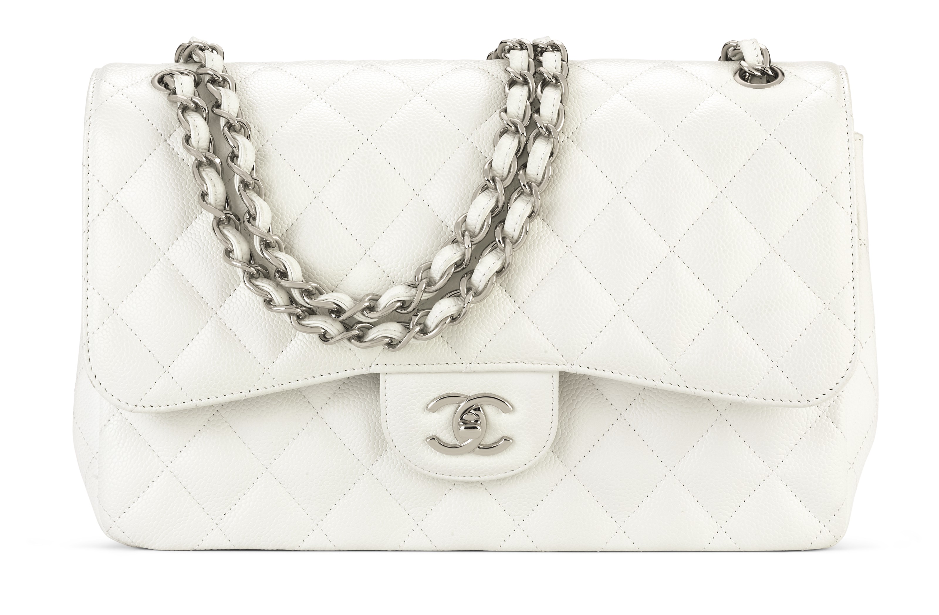 A WHITE CAVIAR LEATHER JUMBO DOUBLE FLAP BAG WITH SILVER HARDWARE