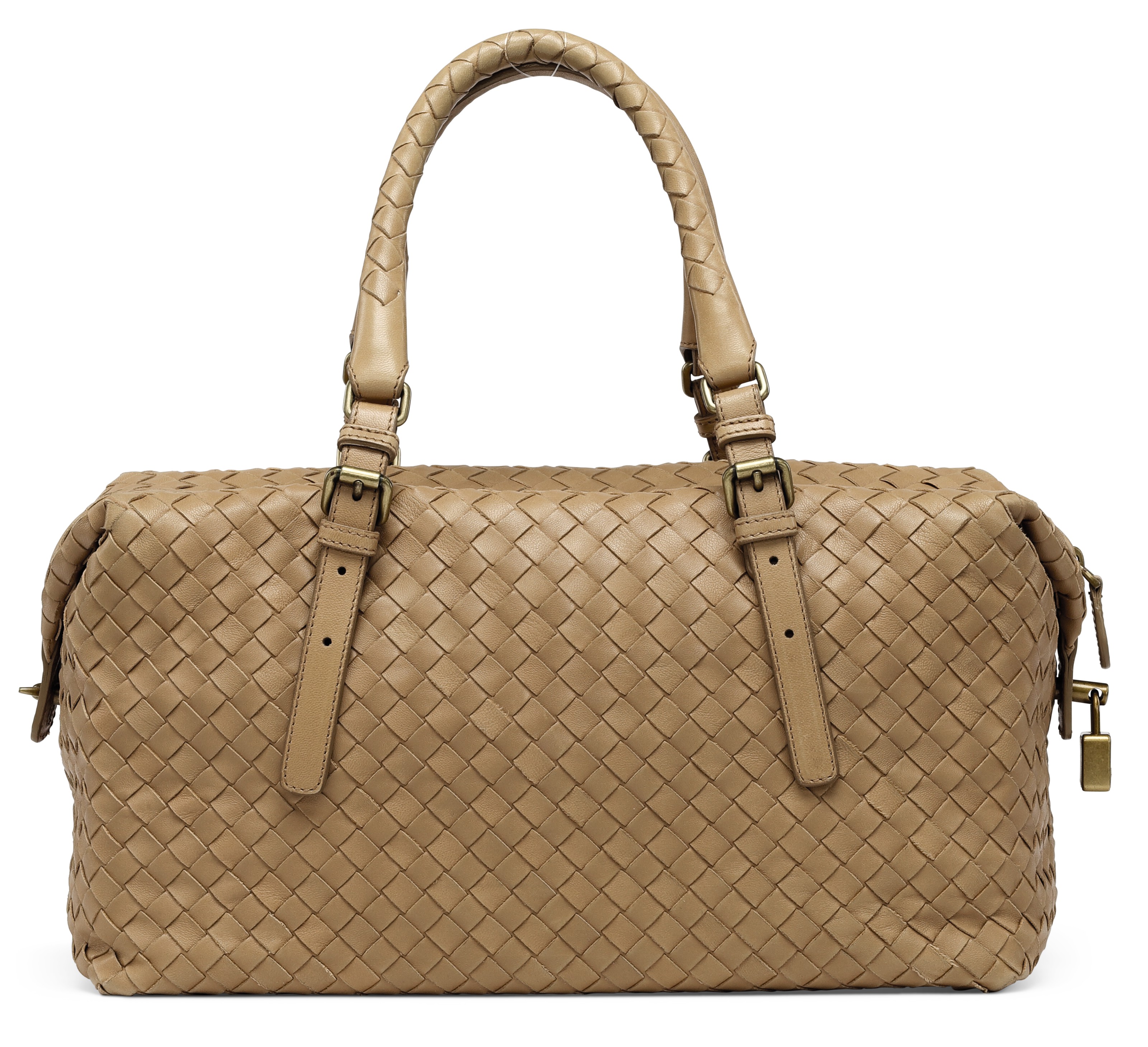 A BEIGE INTRECCIATO NAPPA LEATHER BOSTON BAG WITH GOLD HARDWARE