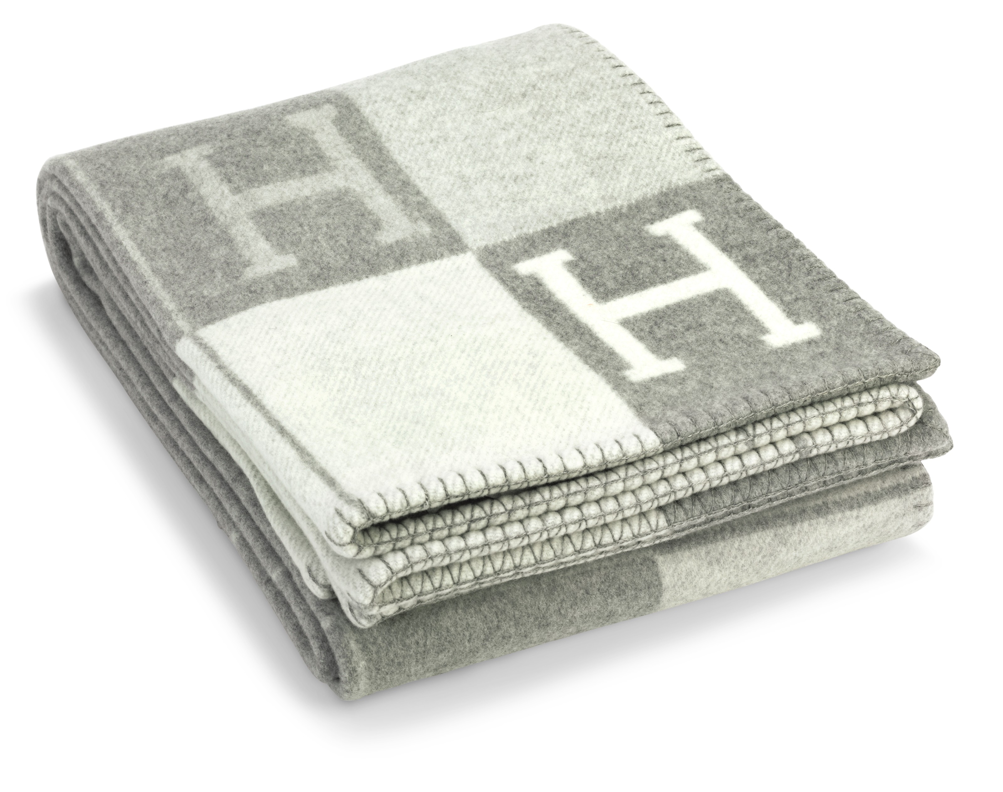 AN ÉCRU & GRIS CLAIR WOOL & CASHMERE AVALON THROW BLANKET, HERMÈS, 2017