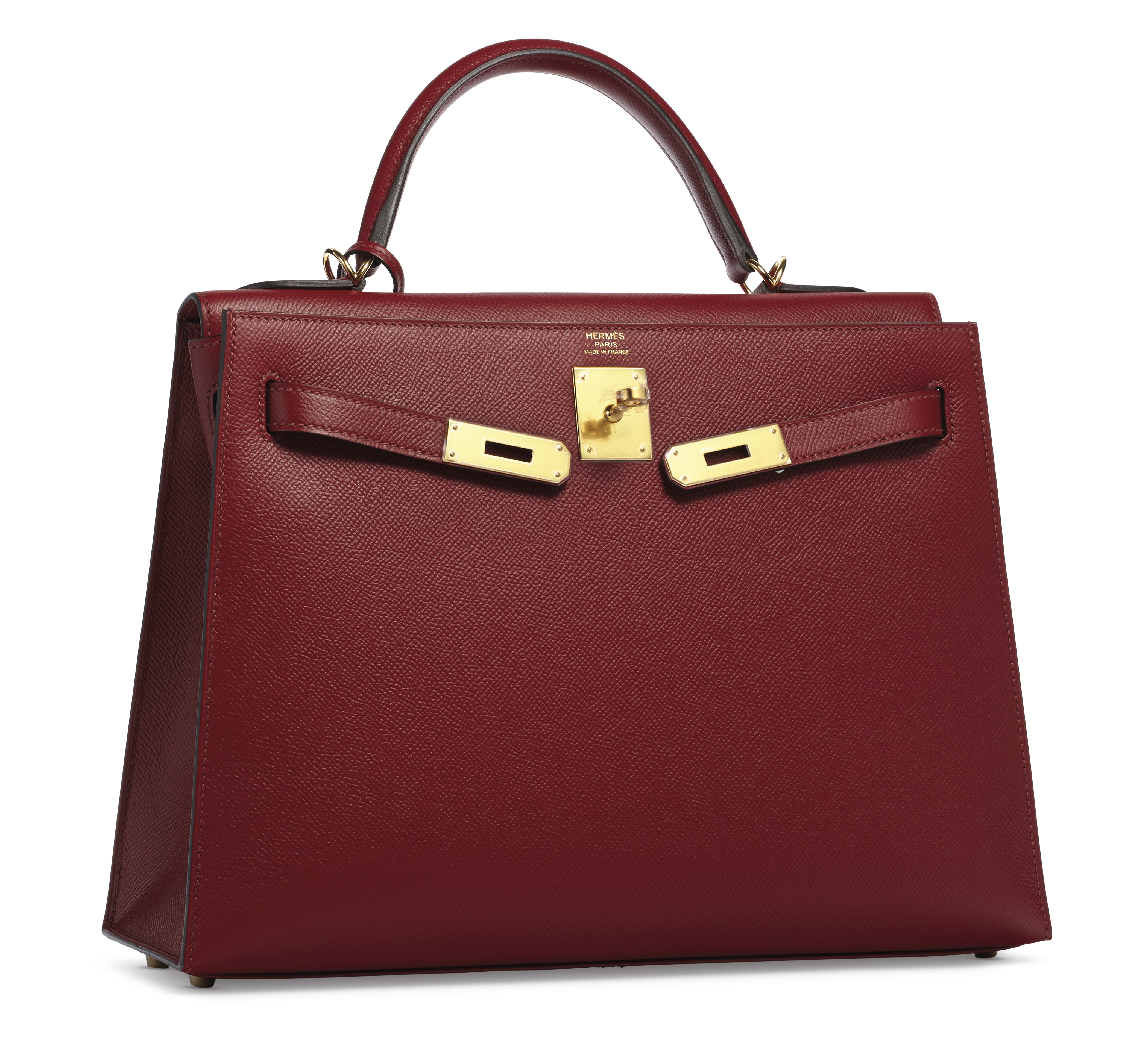 A ROUGE GRENAT EPSOM LEATHER SELLIER KELLY 32 WITH GOLD HARDWARE