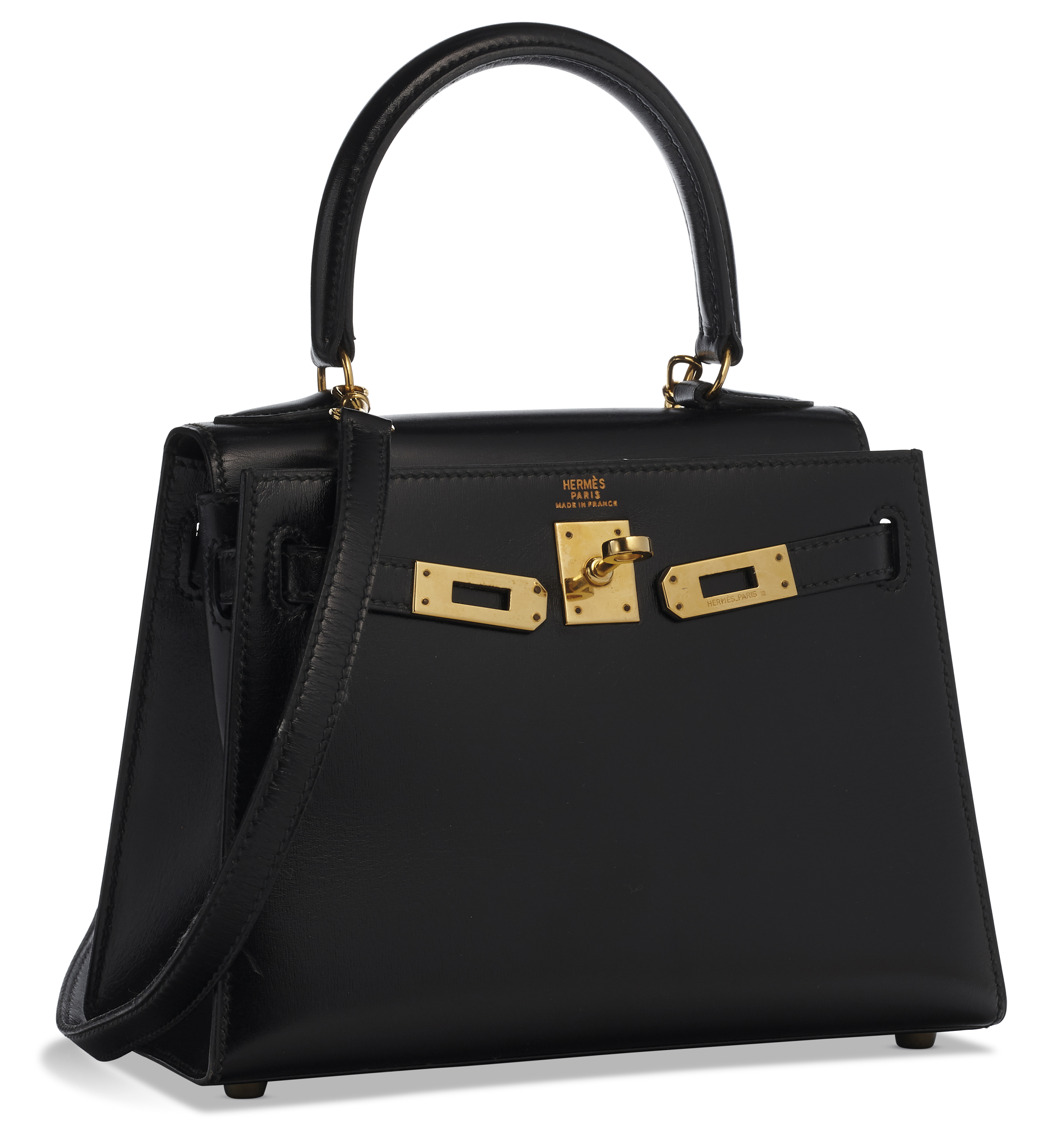 A BLACK CALF BOX LEATHER SELLIER MINI KELLY 20 WITH GOLD HARDWARE