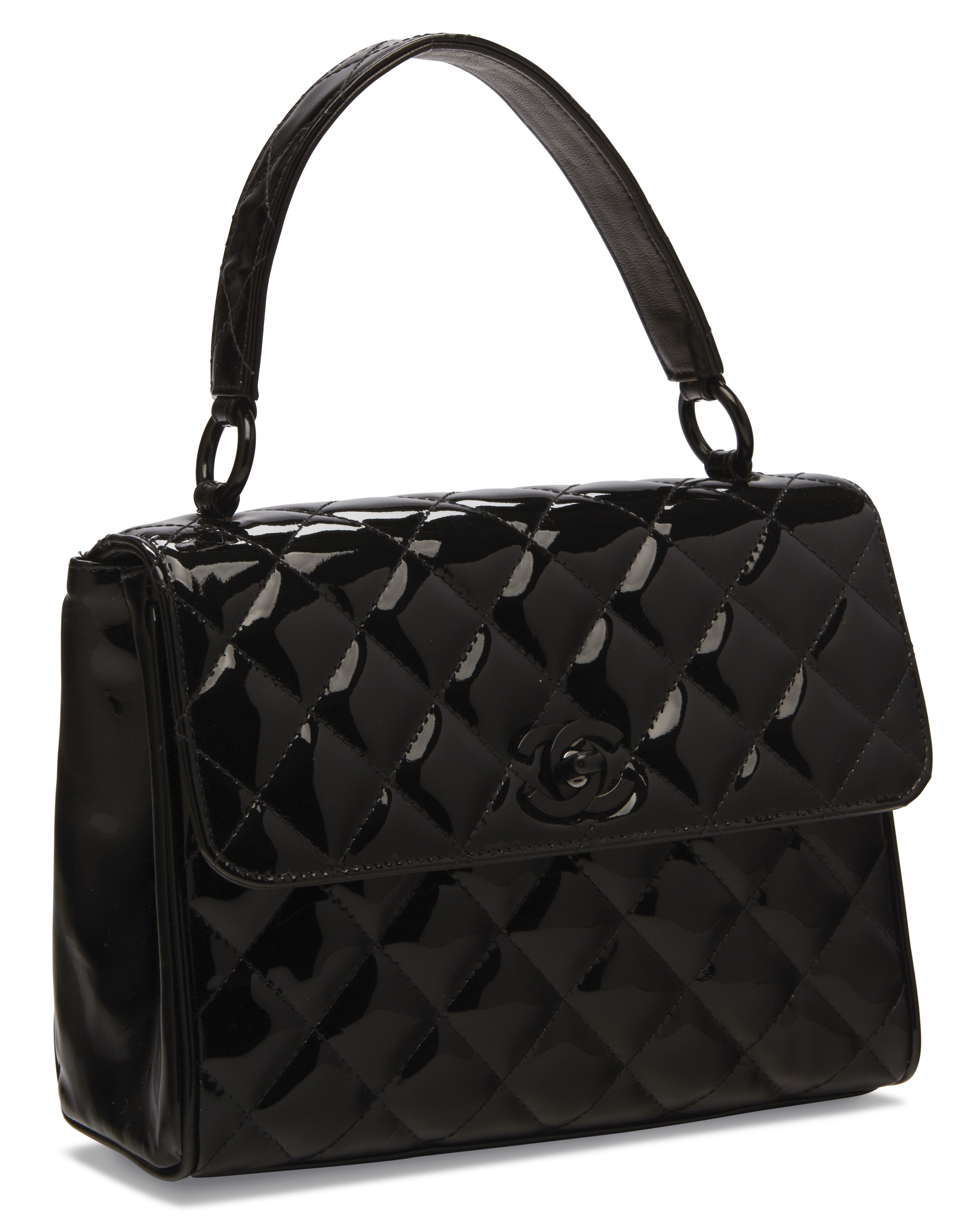 A BLACK PATENT LEATHER TOP HANDLE BAG WITH BLACK HARDWARE, CHANEL - Main Image