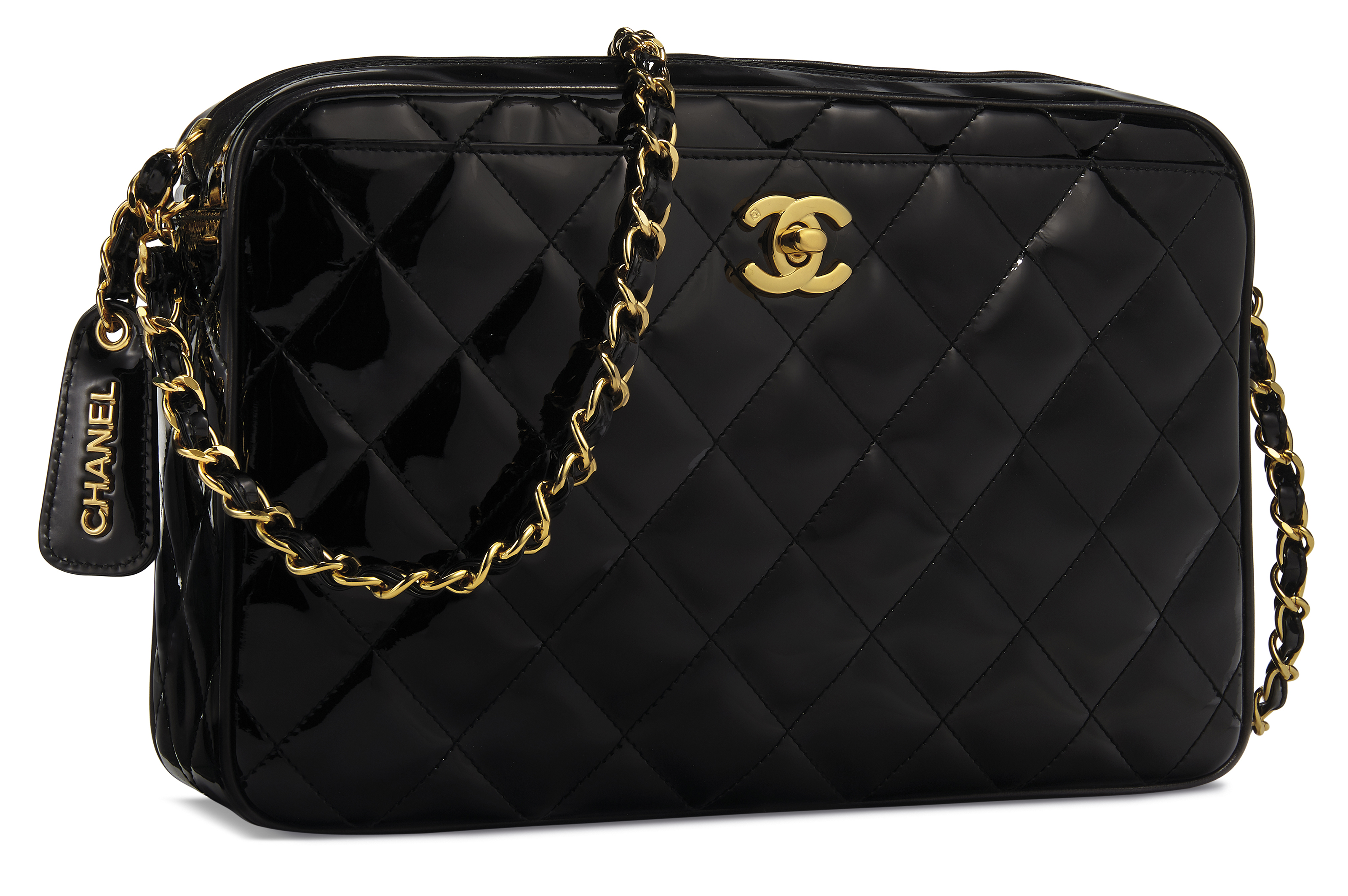 A BLACK PATENT LEATHER CAMERA BAG WITH GOLD HARDWARE, CHANEL, 1994