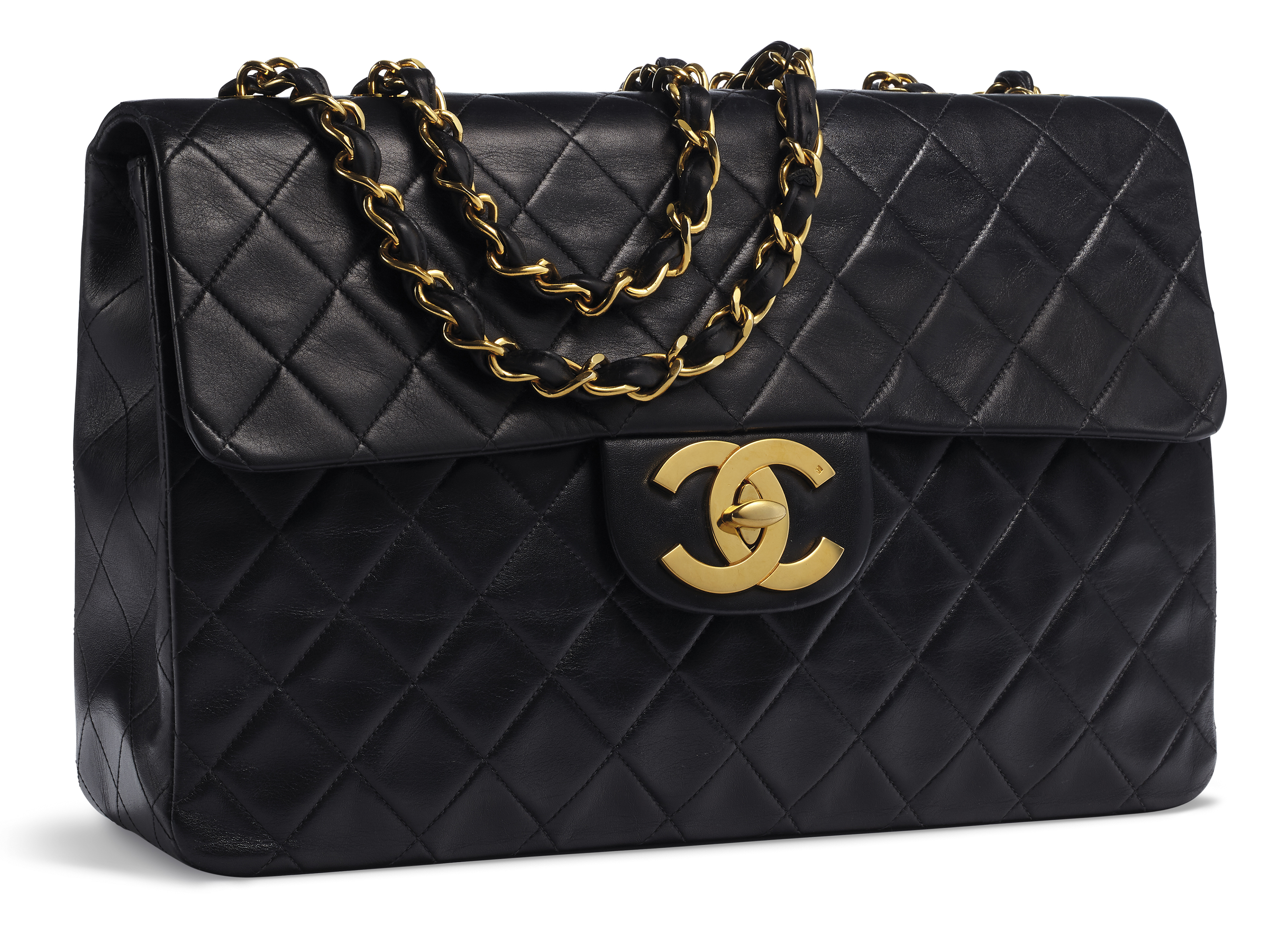 A BLACK LAMBSKIN LEATHER MAXI SINGLE FLAP BAG WITH GOLD HARDWARE