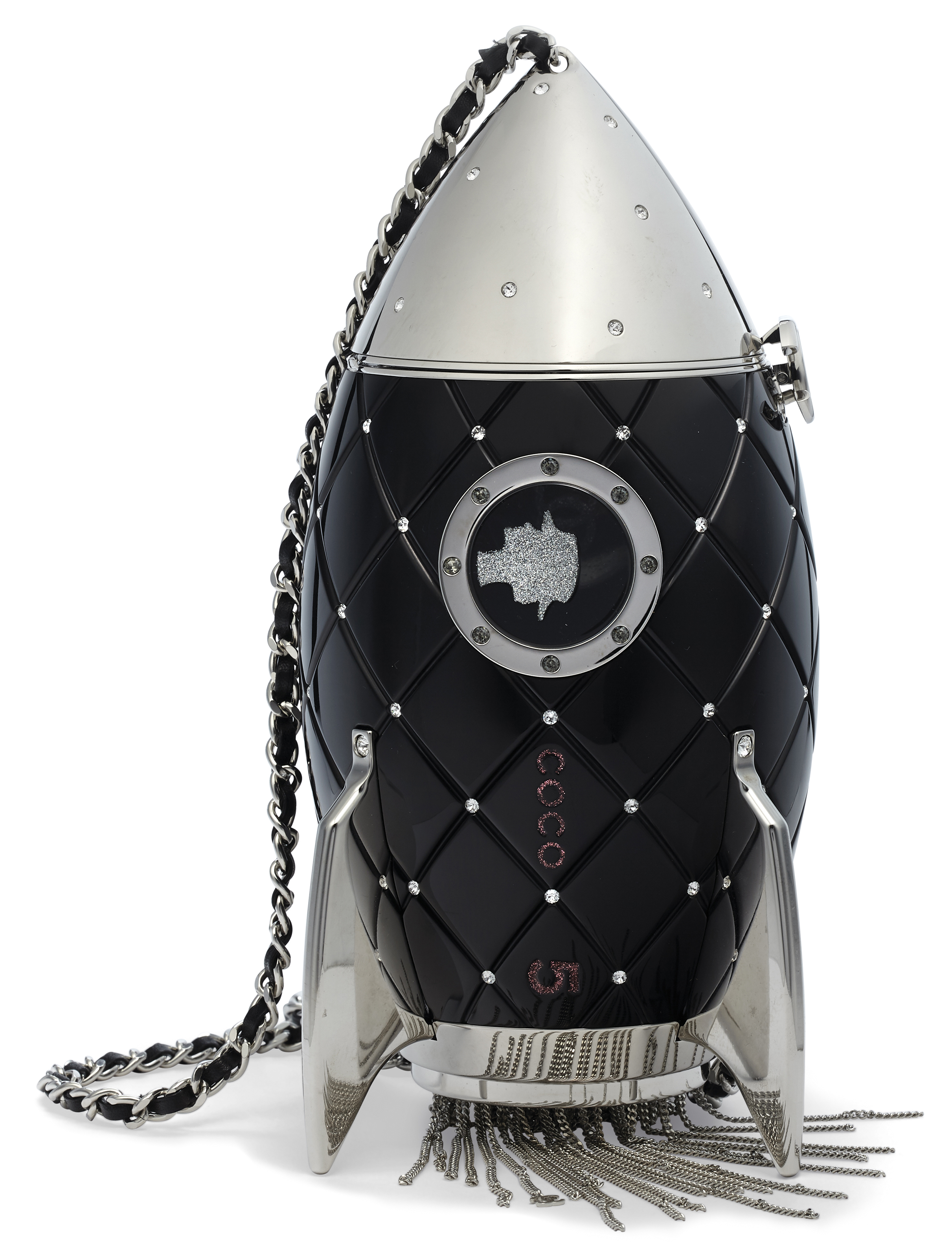 A RUNWAY BLACK LUCITE & CRYSTAL ROCKET SHIP EVENING BAG, CHANEL,  FALL/WINTER 2017